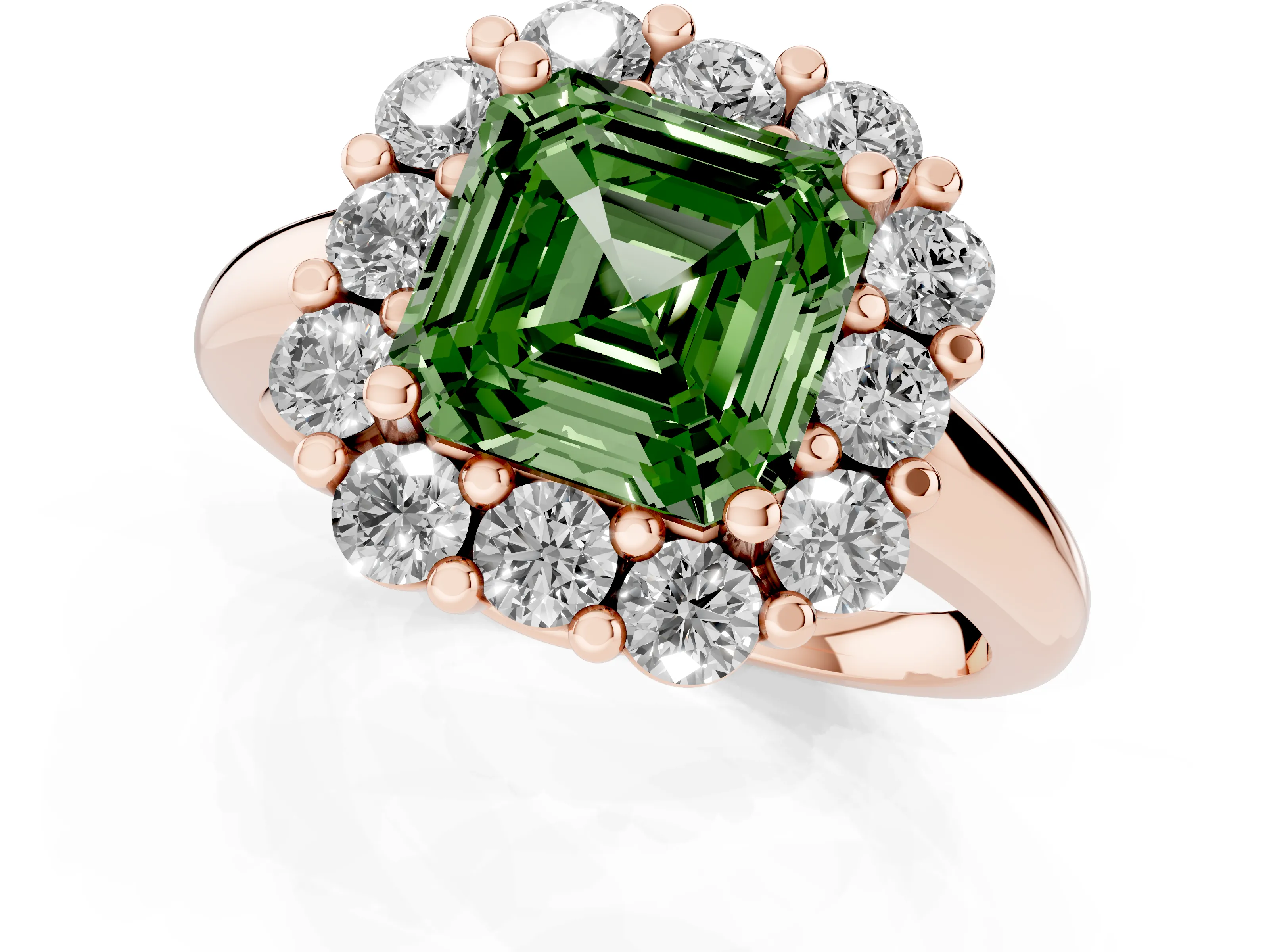 Fancy Green Asscher Cut Diamond Halo Cluster Engagement Ring Set in Rose gold with Polished Band and Prong Setting