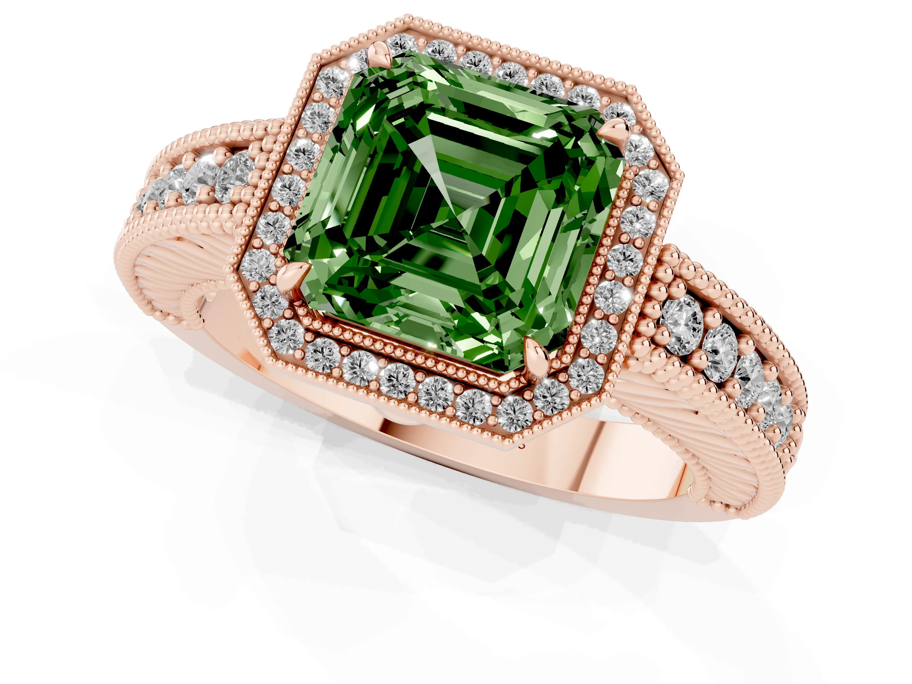Fancy Green Asscher Cut Diamond Halo Ring Set in Rose gold with Round Accent Halo, Pavé Band and Prong Setting