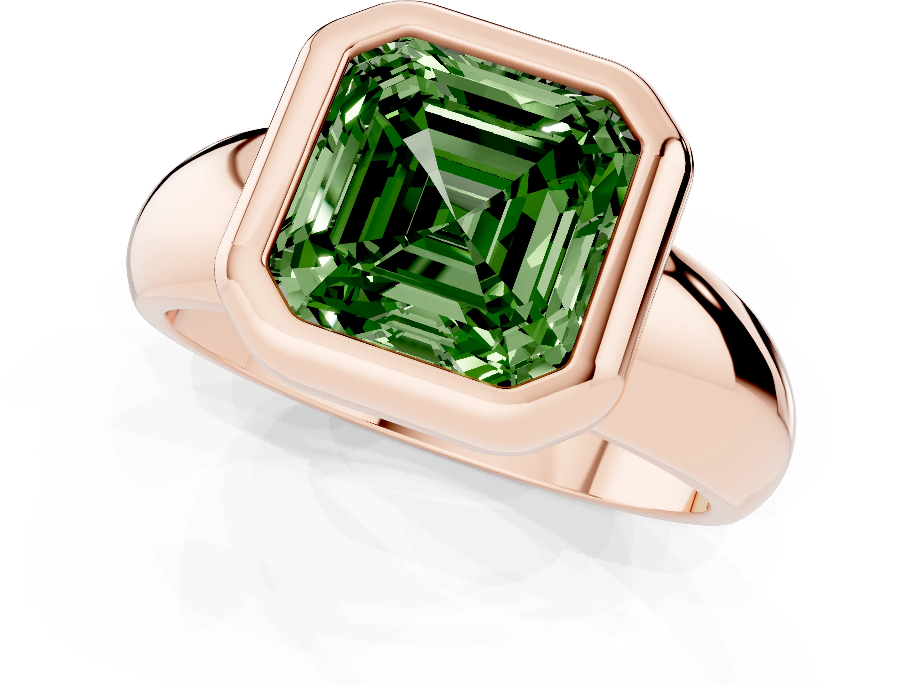 Fancy Green Bezel Set Asscher Cut Diamond Solitaire Ring Set in Rose gold with Wide Band