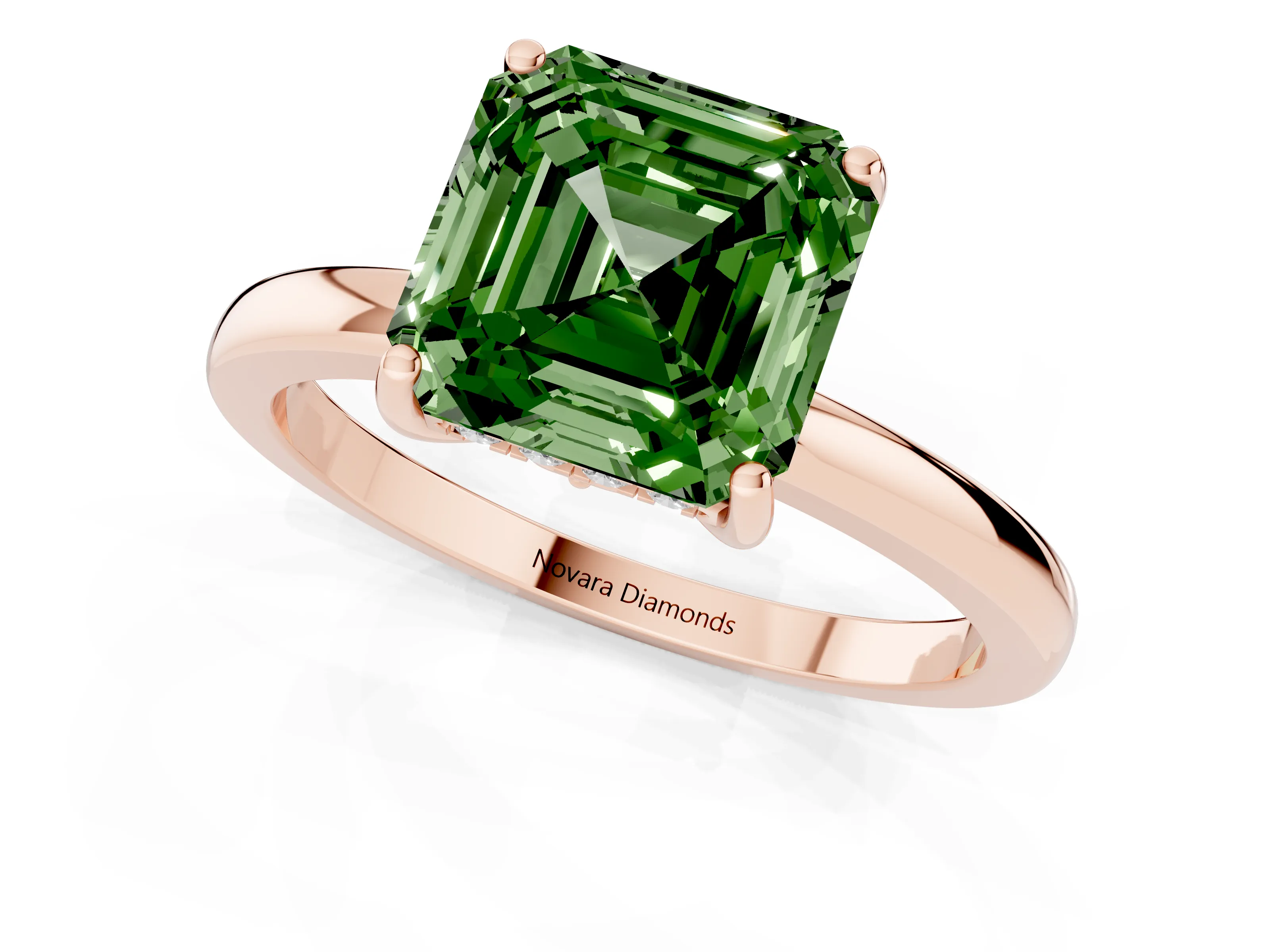 Fancy Green Asscher Cut Diamond Solitaire Ring Set in Rose gold with Plain Band and Prong Setting