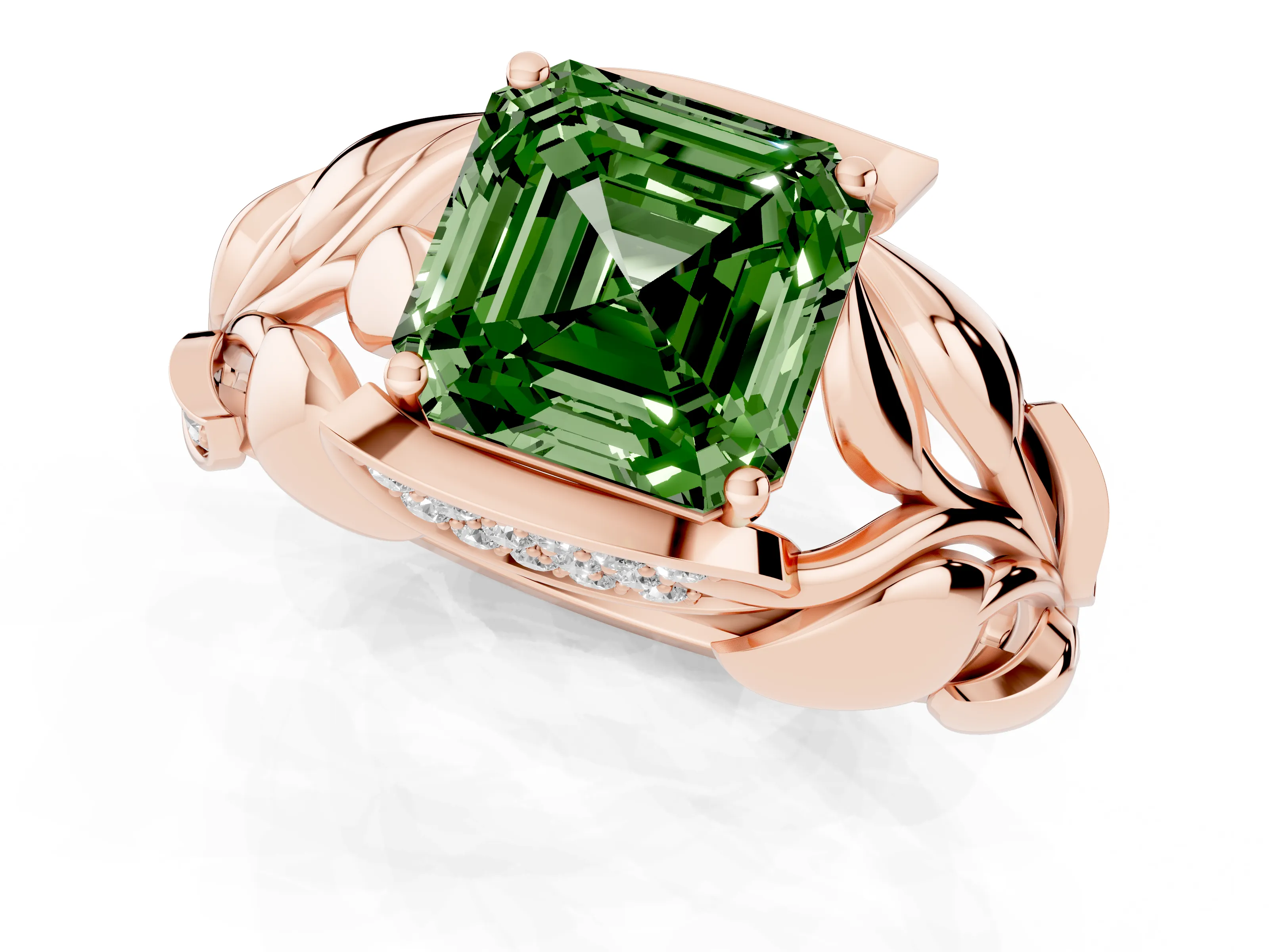 Fancy Green Asscher Cut Diamond Leaf-Inspired Engagement Ring Set in Rose gold with Round Accents