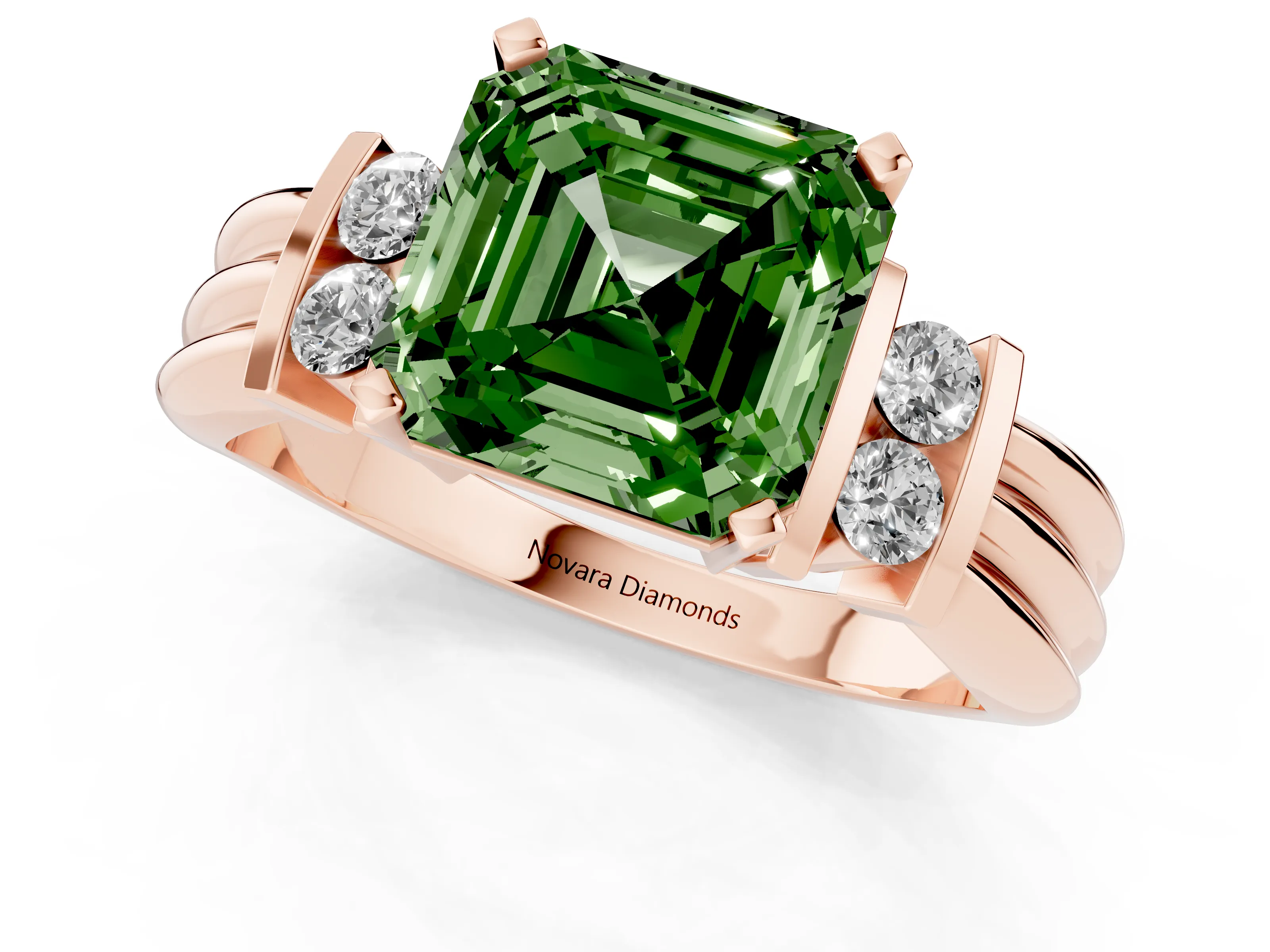 Fancy Green Three-Stone Asscher Cut Diamond Channel Set Ring Set in Rose gold with Bar Prongs