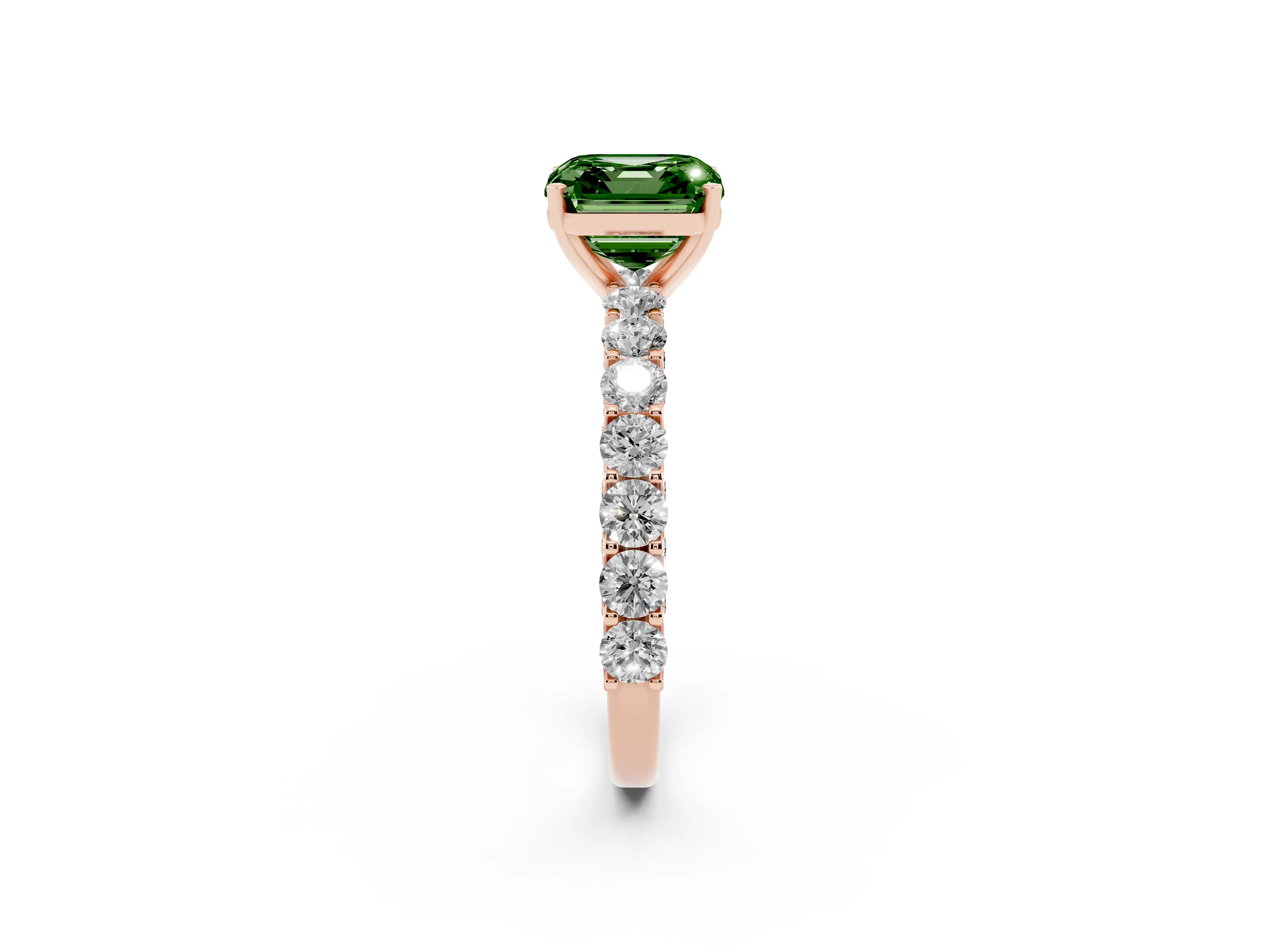 Fancy Green Asscher Cut Diamond Solitaire Ring Set in Rose gold with Shared Prong Pavé Band