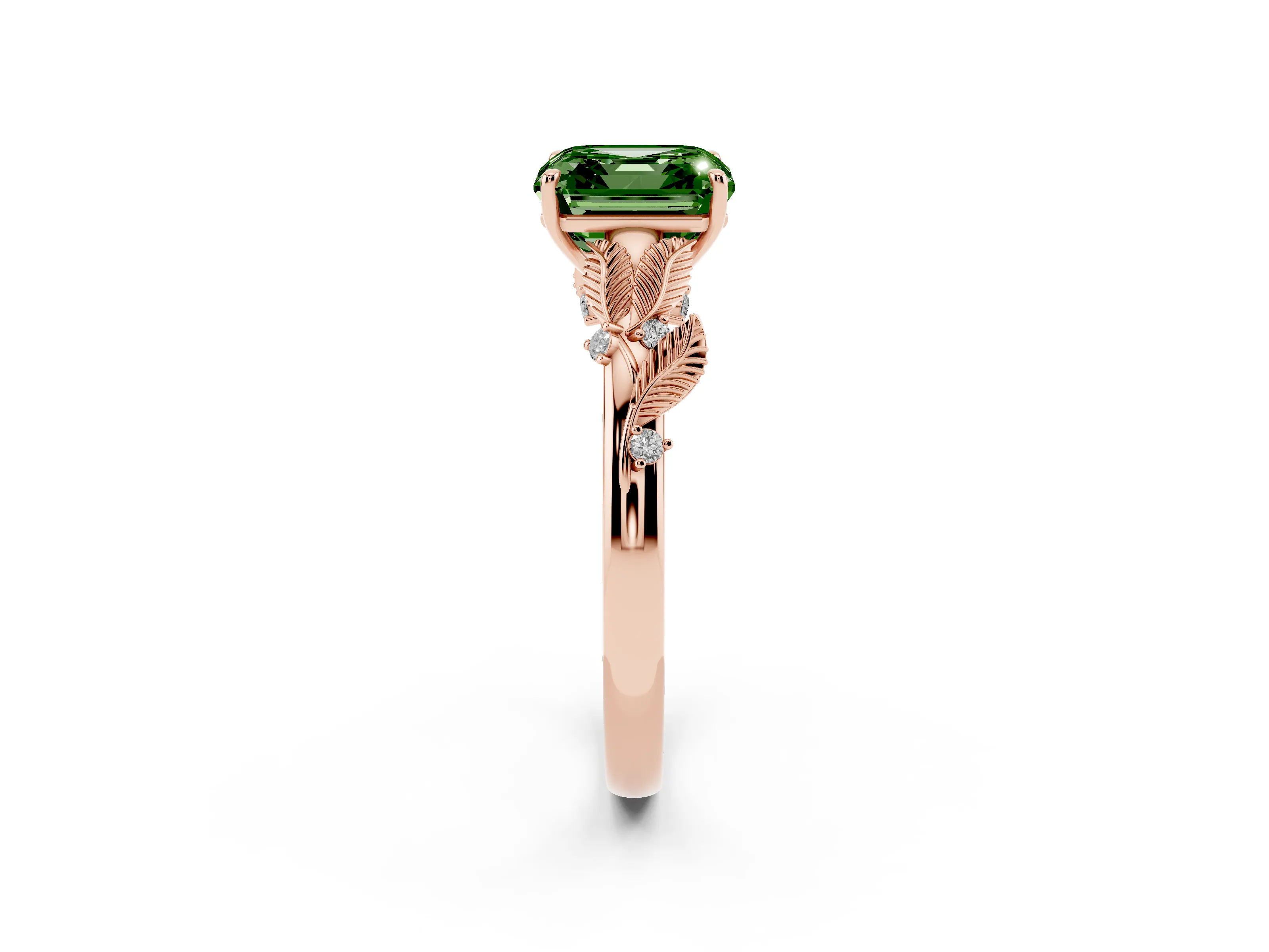 Fancy Green Asscher Cut Diamond Solitaire Ring Set in Rose gold with Leaf Motif Band