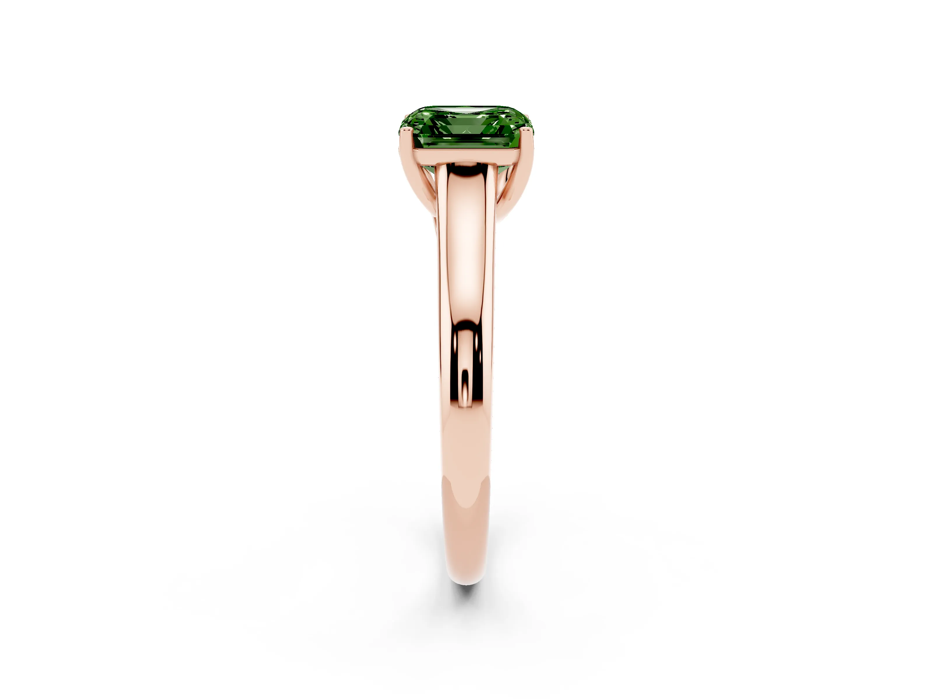 Fancy Green Asscher Cut Diamond Solitaire Engagement Ring Set in Rose gold with Subtly Tapered Band and Prong Setting