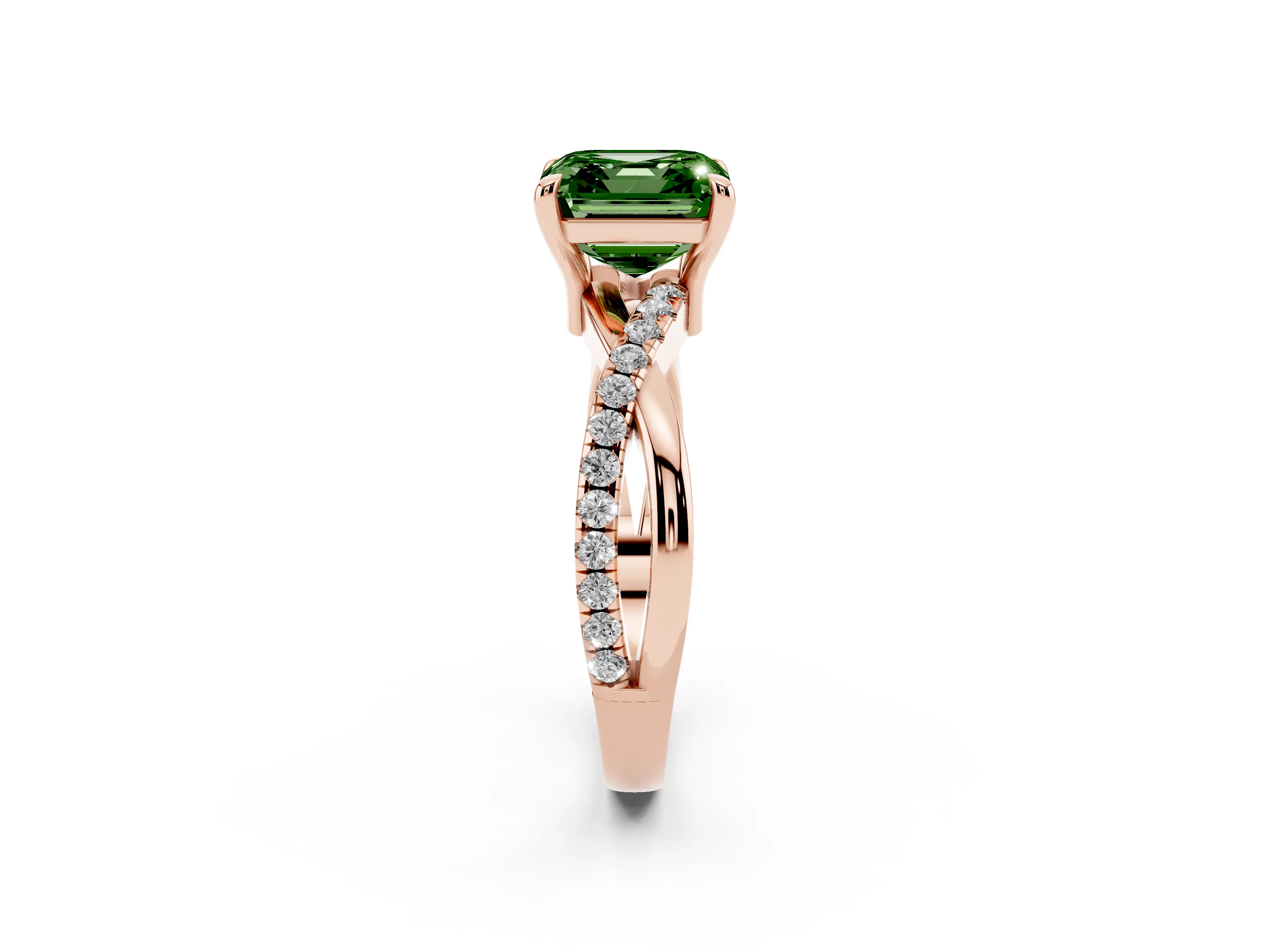 Fancy Green Asscher Cut Diamond Twist Band Pavé Solitaire Ring Set in Rose gold with Prong Setting