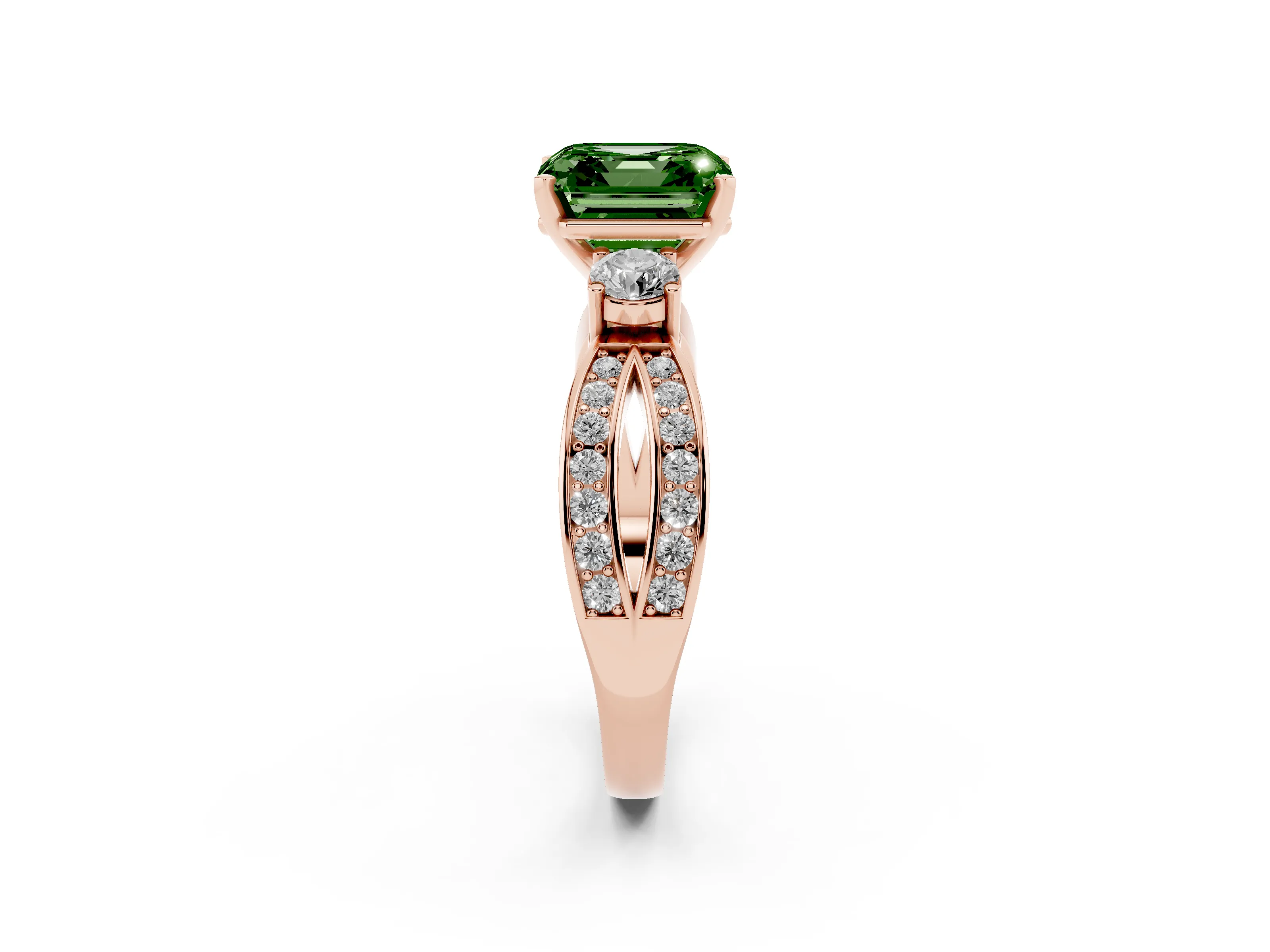 Fancy Green Three-Stone Asscher Cut Diamond Twist Band Ring Set in Rose gold with Pavé Accents and Prong Setting