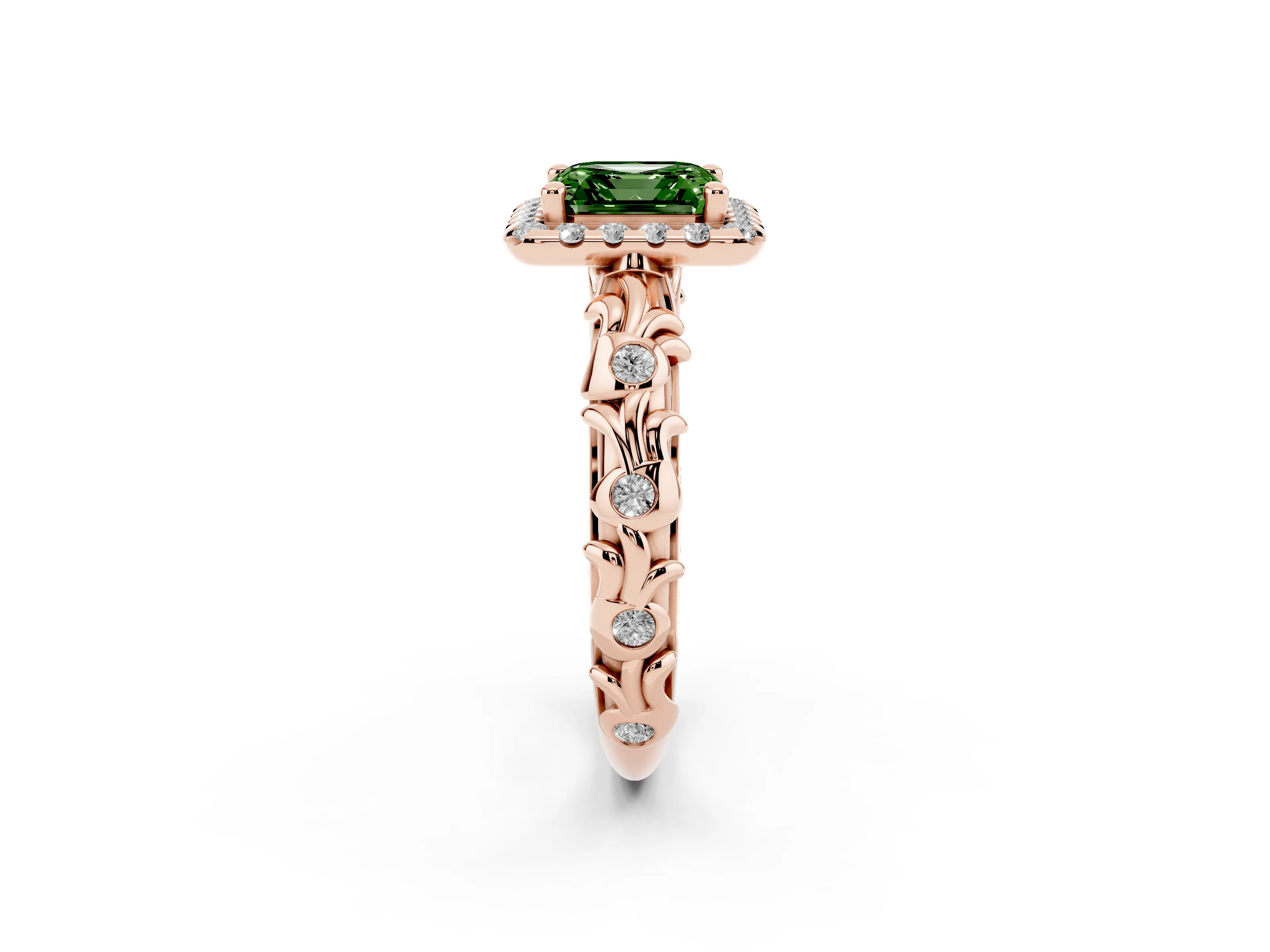 Fancy Green Asscher Cut Diamond Halo Ring Set in Rose gold with Filigree Leaf Band and Prong Setting