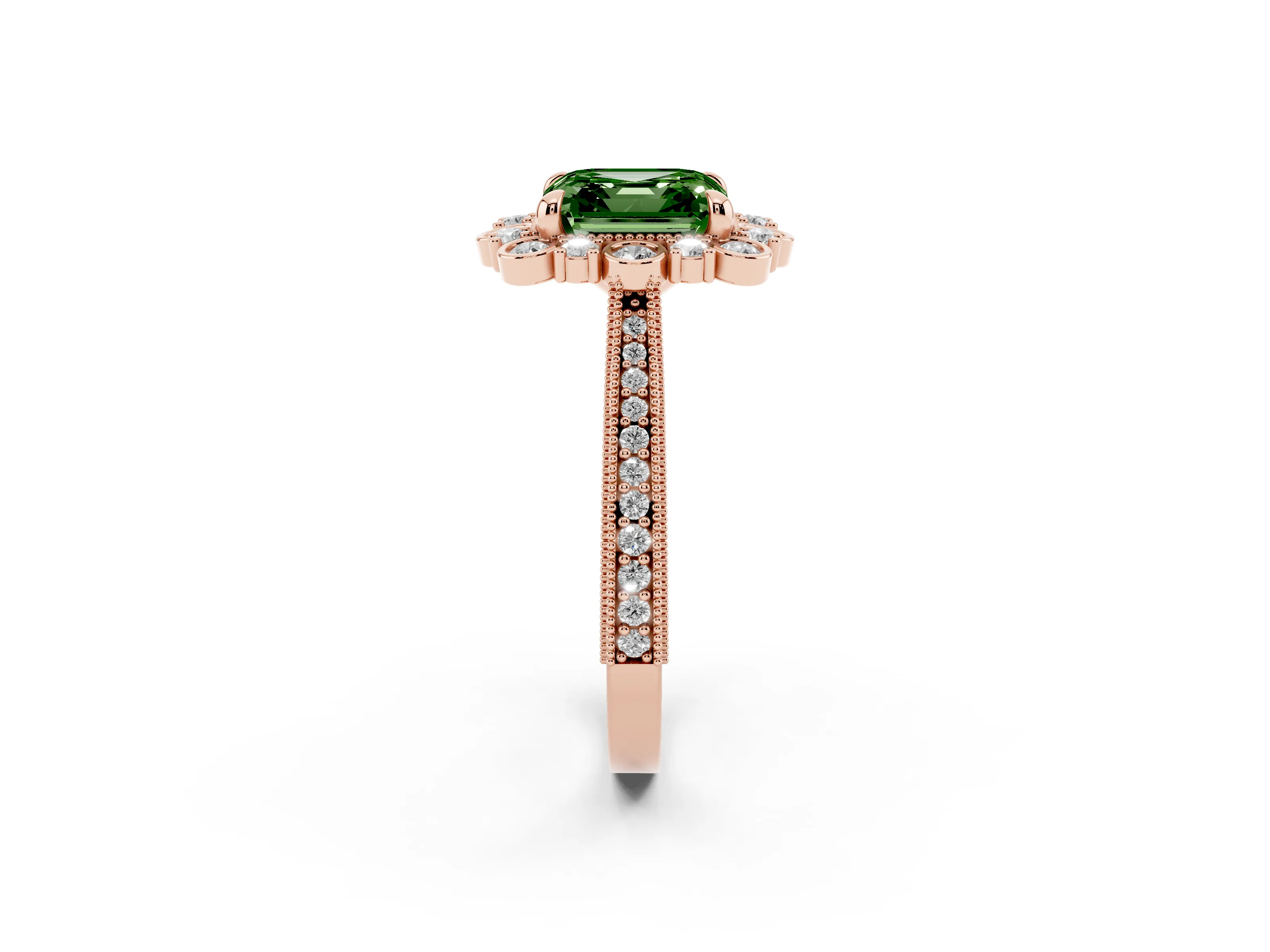 Fancy Green Asscher Cut Diamond Halo Milgrain Pavé Ring Set in Rose gold with Prong Setting