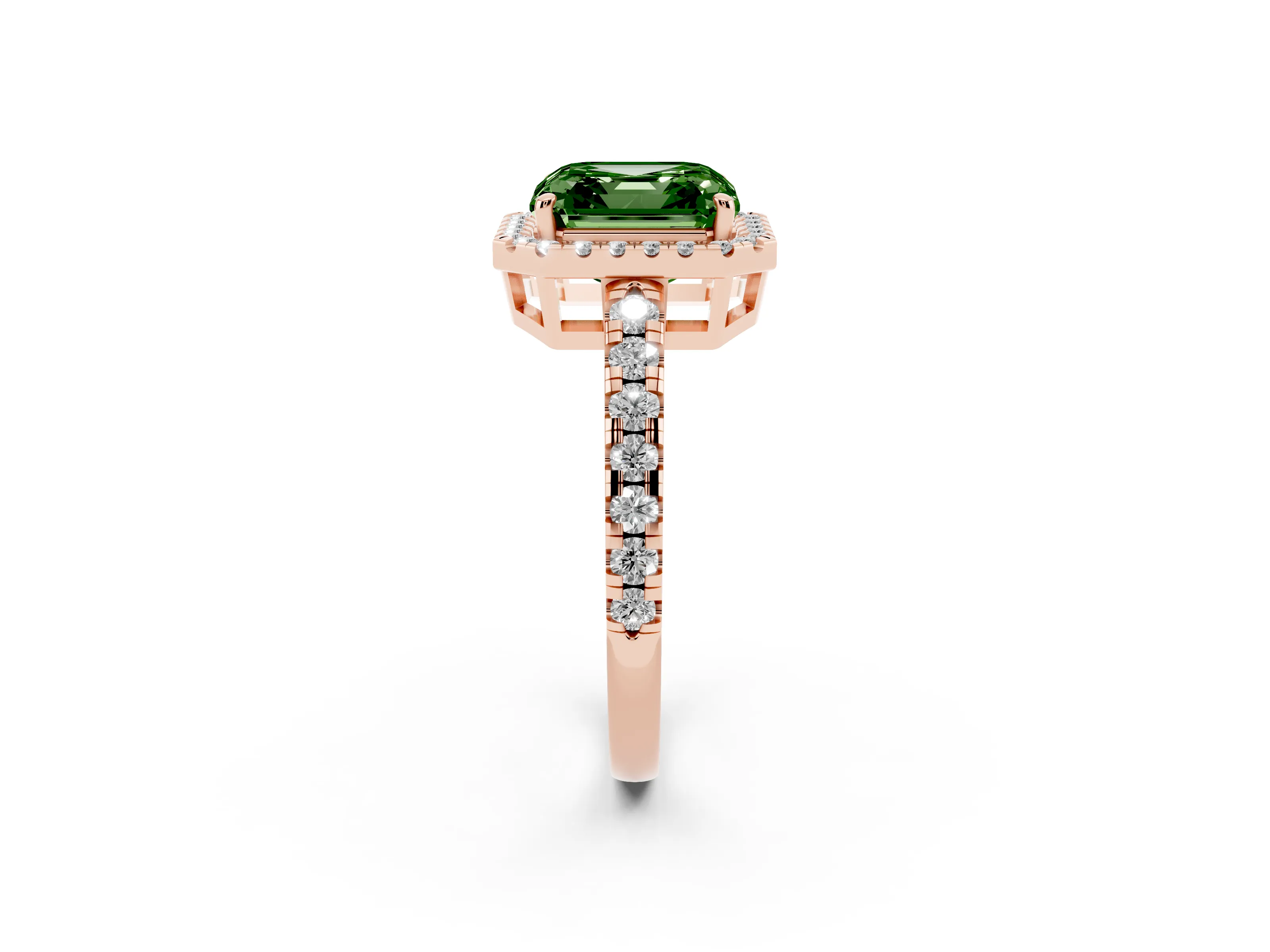 Fancy Green Asscher Cut Diamond Halo Ring Set in Rose gold with Delicate Pavé Band and Prong Setting