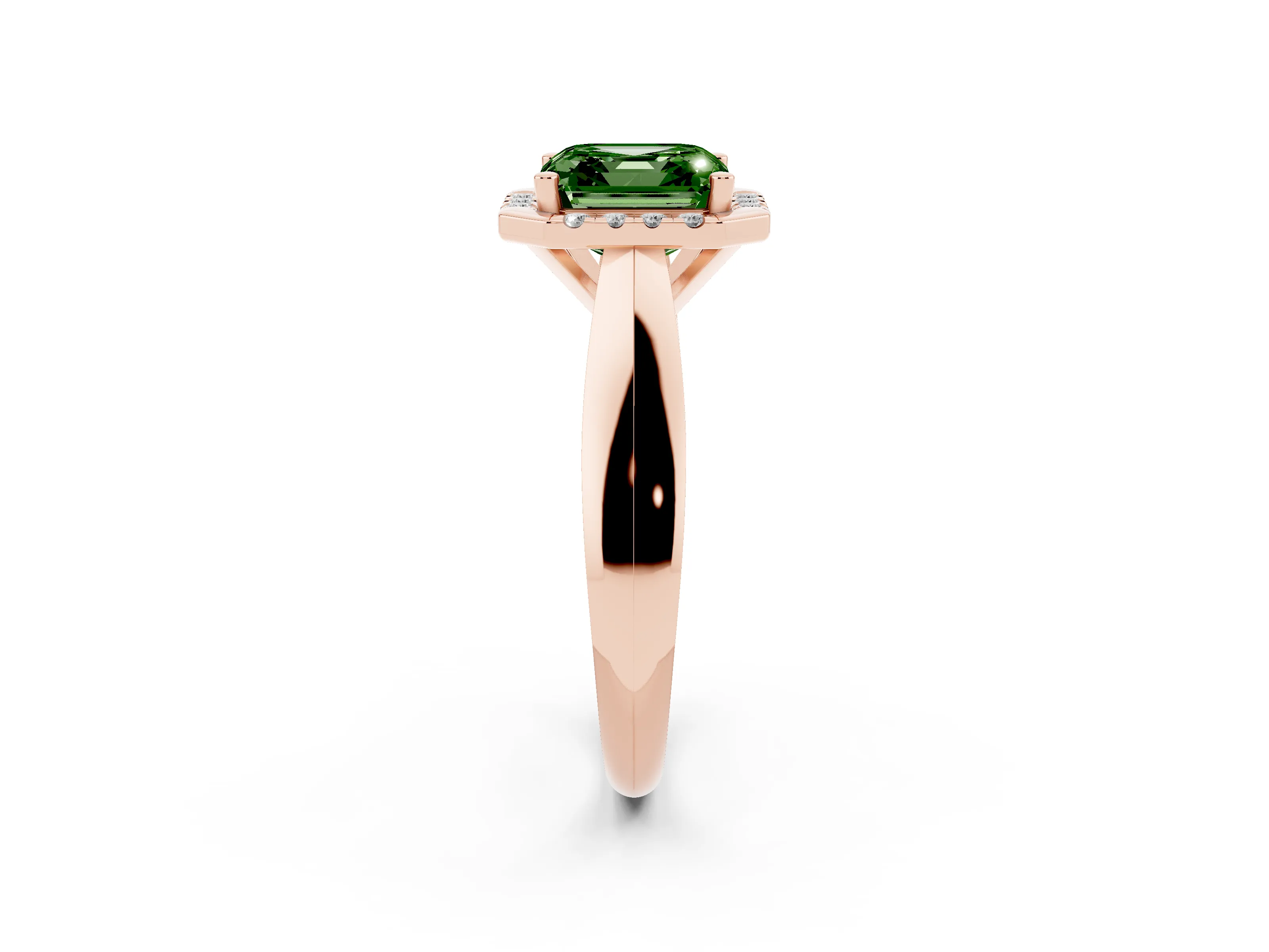 Fancy Green Asscher Cut Diamond Halo Solitaire Engagement Ring Set in Rose gold with Square Band and Prong Setting