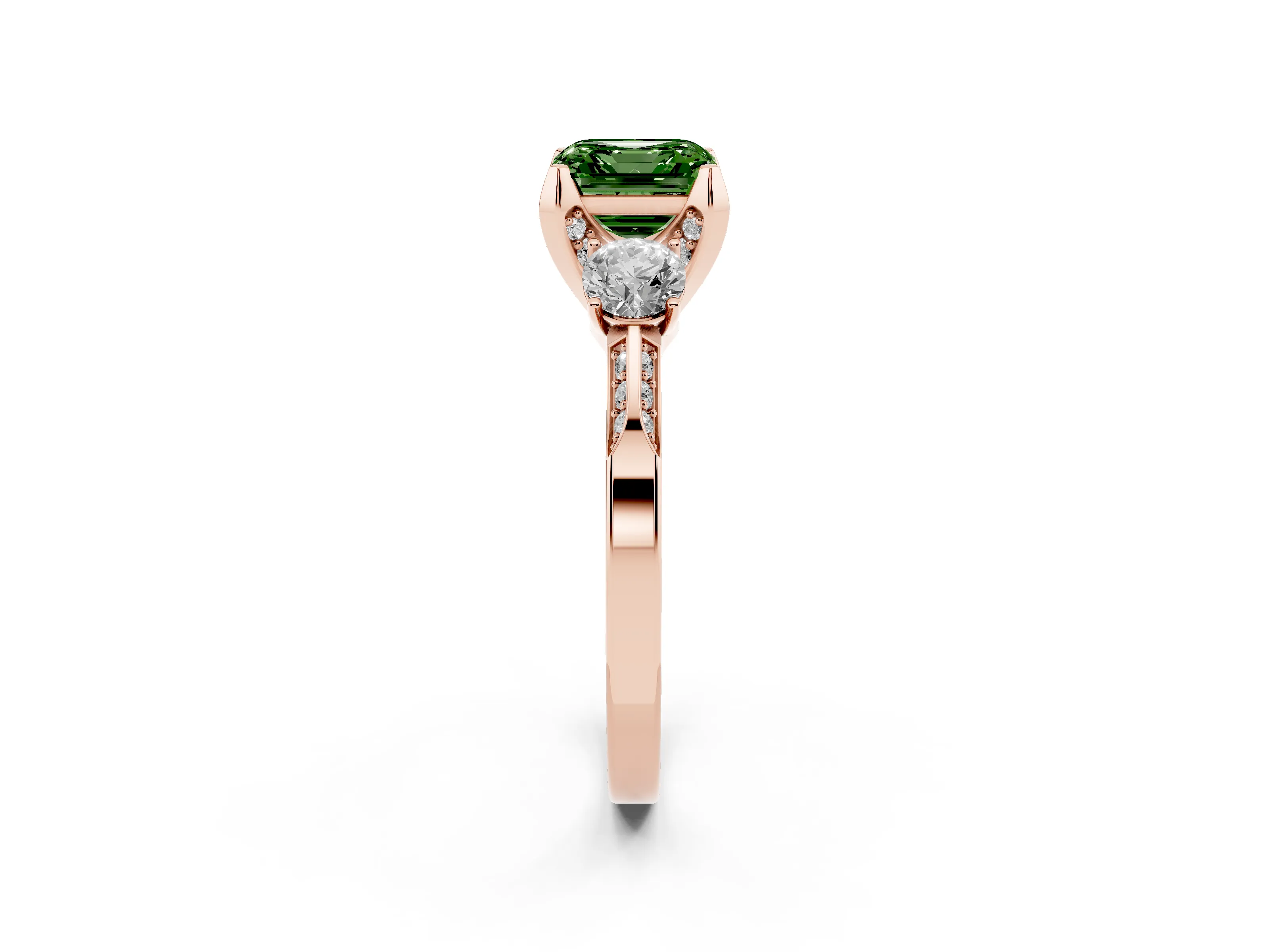 Fancy Green Asscher Cut Diamond Three-Stone Ring Set in Rose gold with Pavé Band and Smaller Side Stones