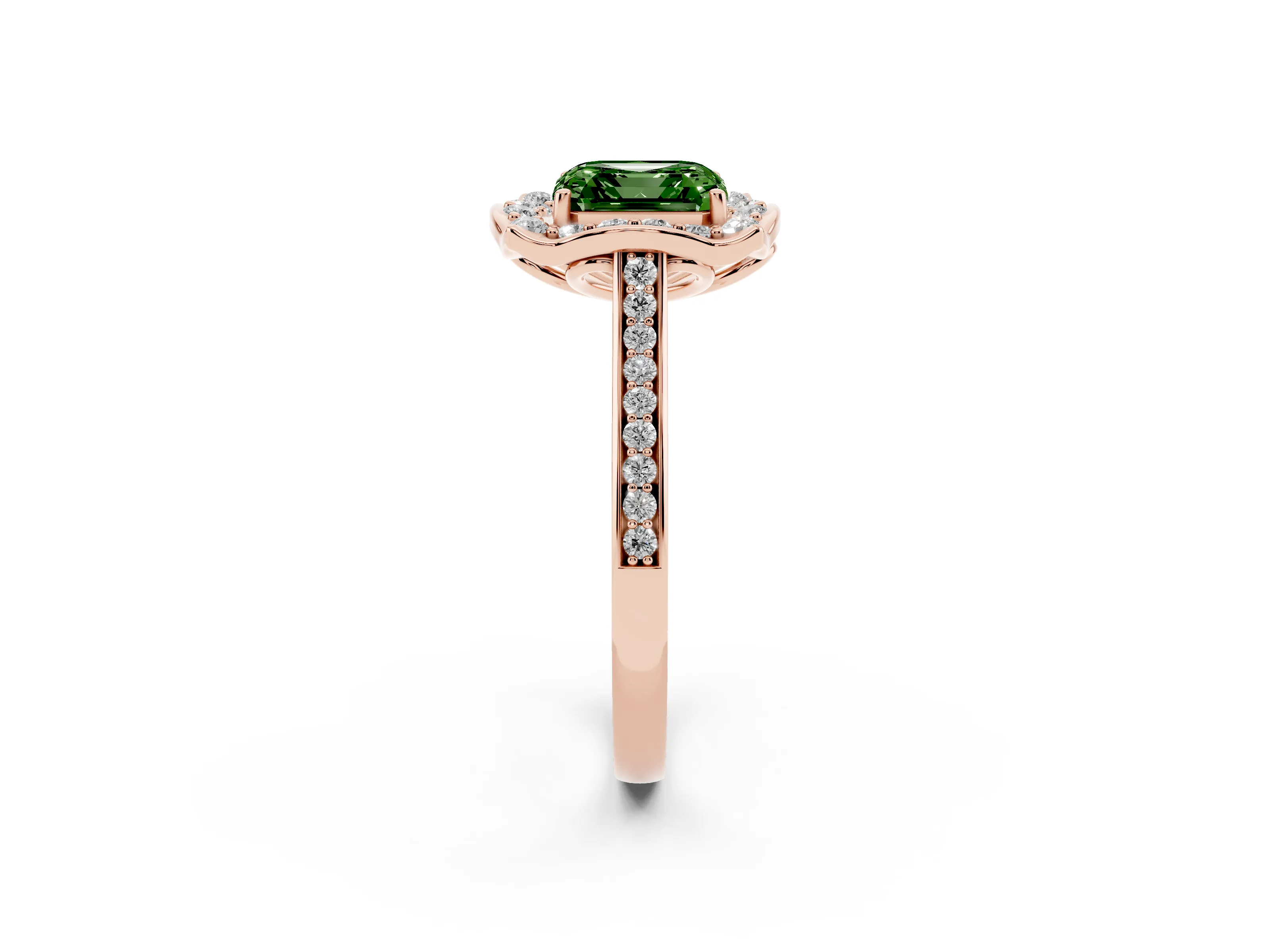 Fancy Green Asscher Cut Diamond Halo Ring Set in Rose gold with Pavé-Lined Shoulders and Prong Setting