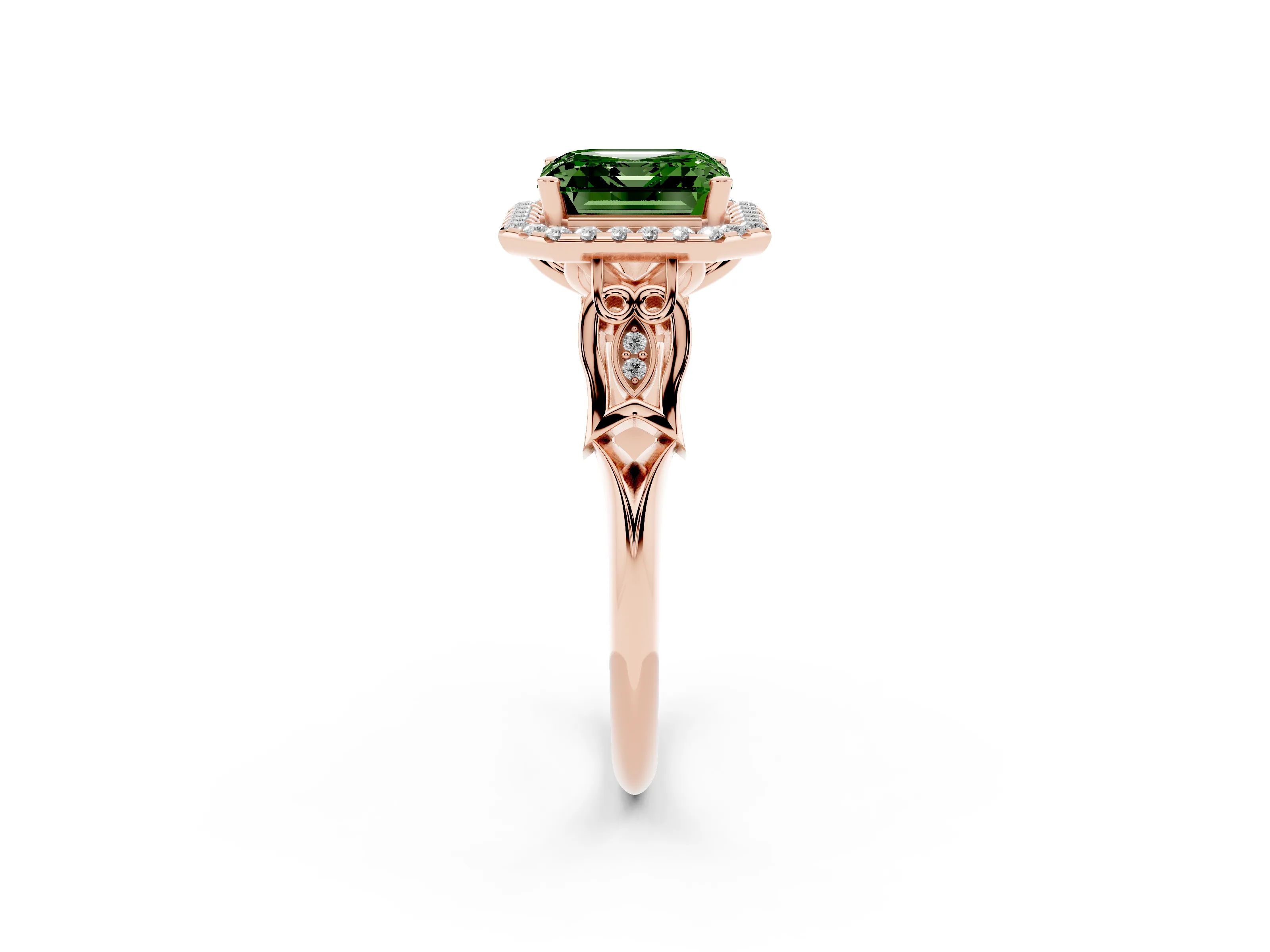 Fancy Green Asscher Cut Diamond Halo Engagement Ring Set in Rose gold with Filigree Band and Prong-Set Center