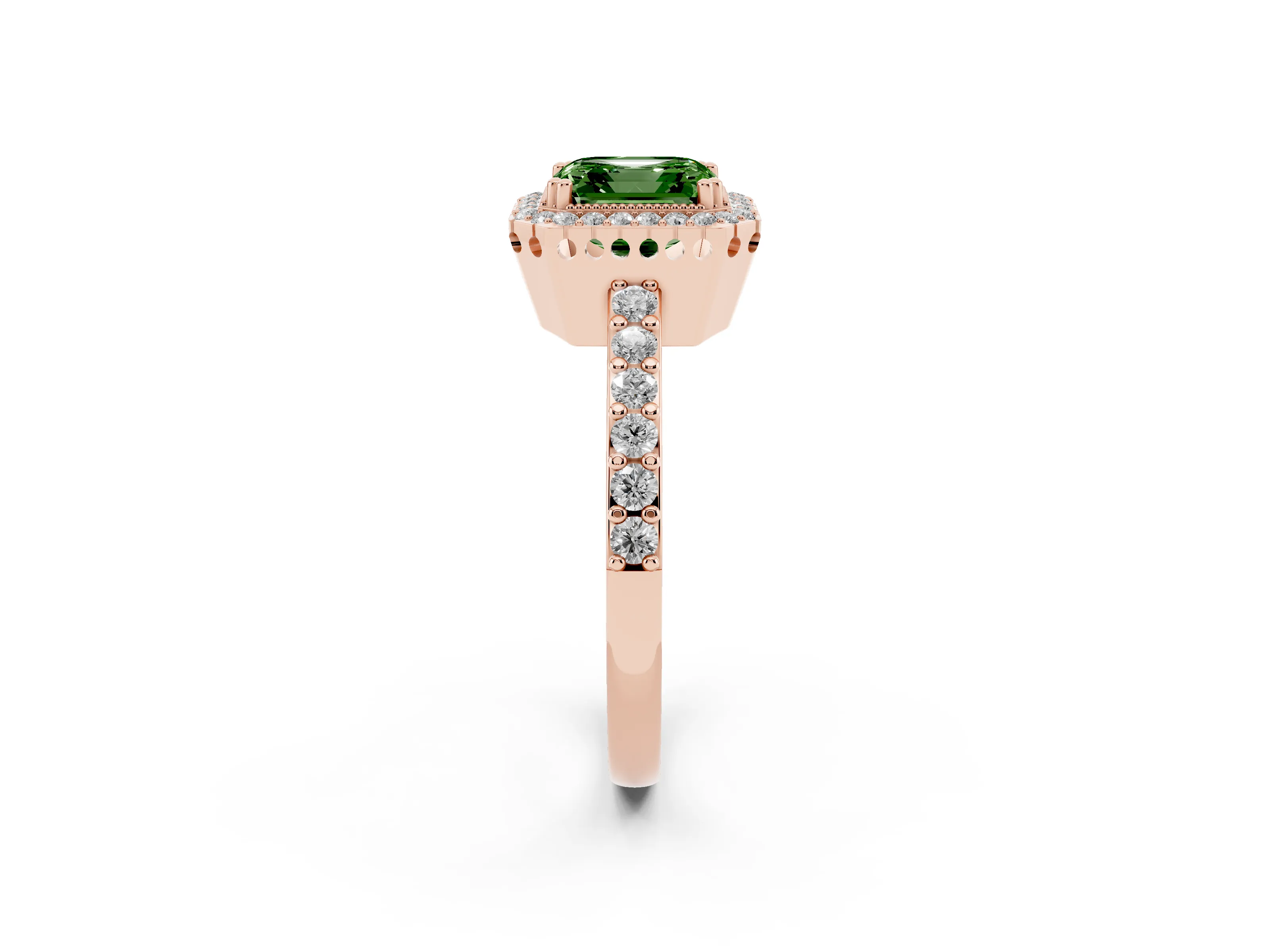 Fancy Green Asscher Cut Diamond Halo Engagement Ring Set in Rose gold with Milgrain Detail and Pavé Band