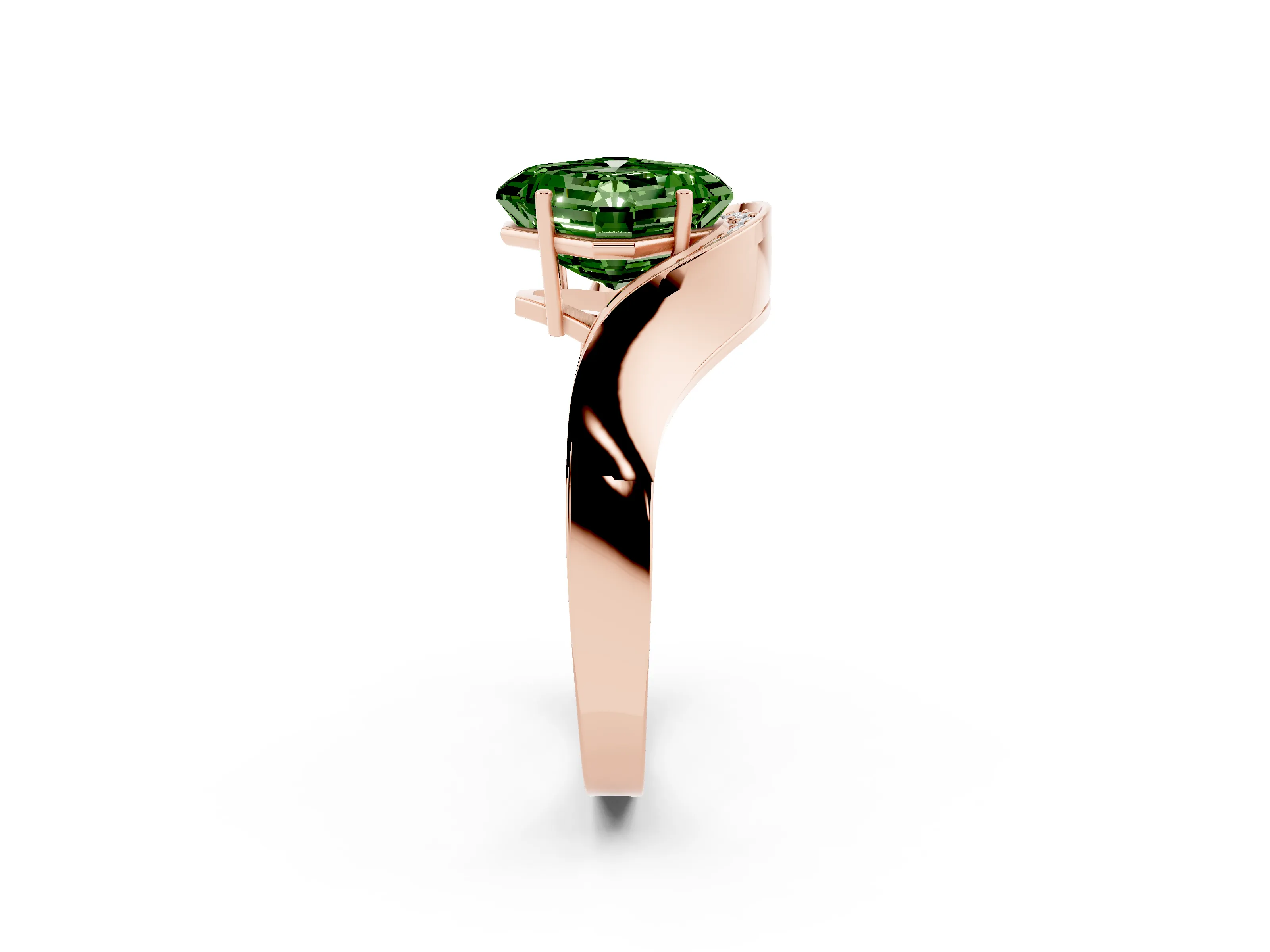 Fancy Green Asscher Cut Diamond Solitaire Engagement Ring Set in Rose gold with Pavé Shoulders