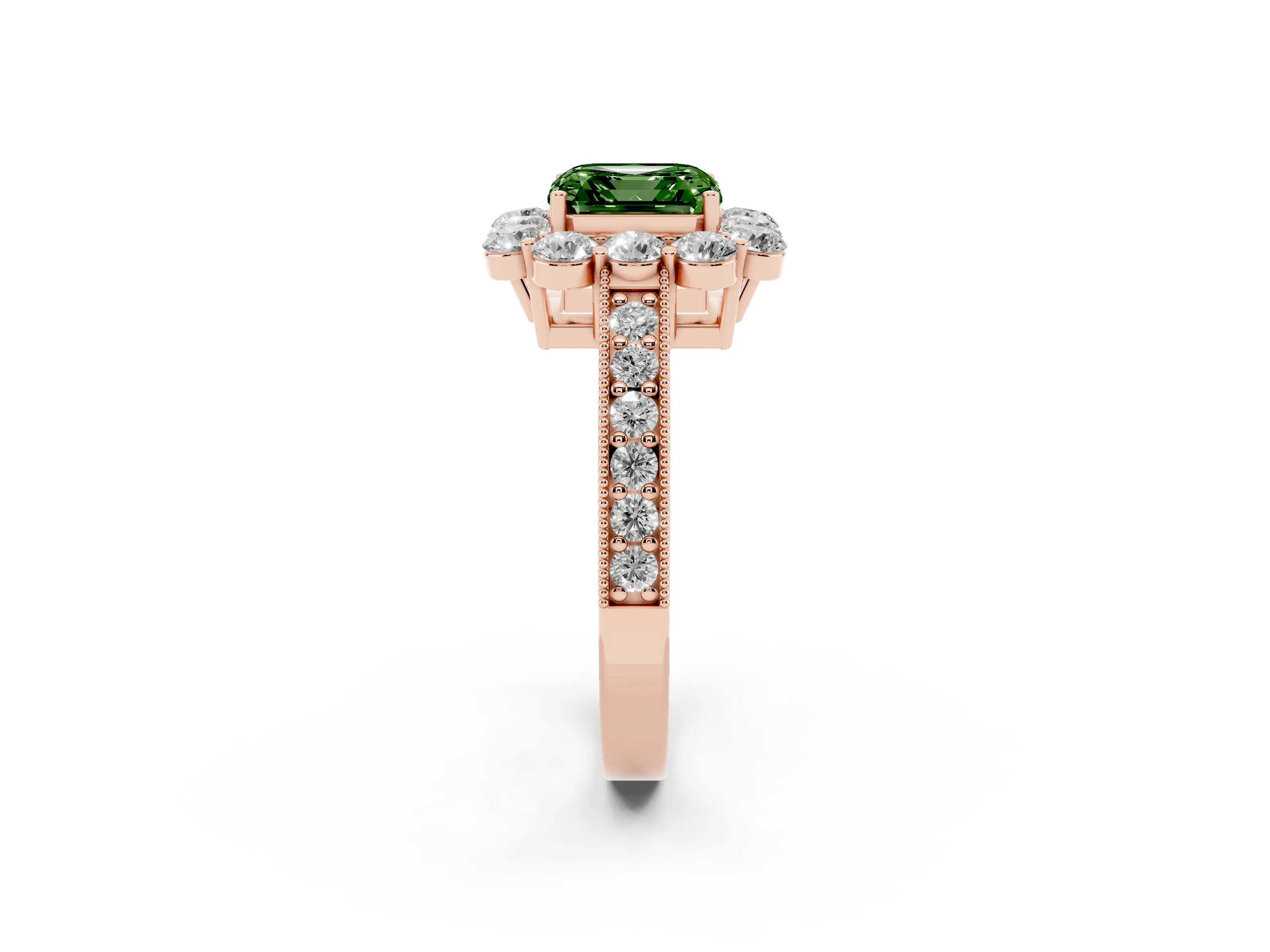 Fancy Green Asscher Cut Diamond Halo Pavé Engagement Ring Set in Rose gold with Milgrain Detailing