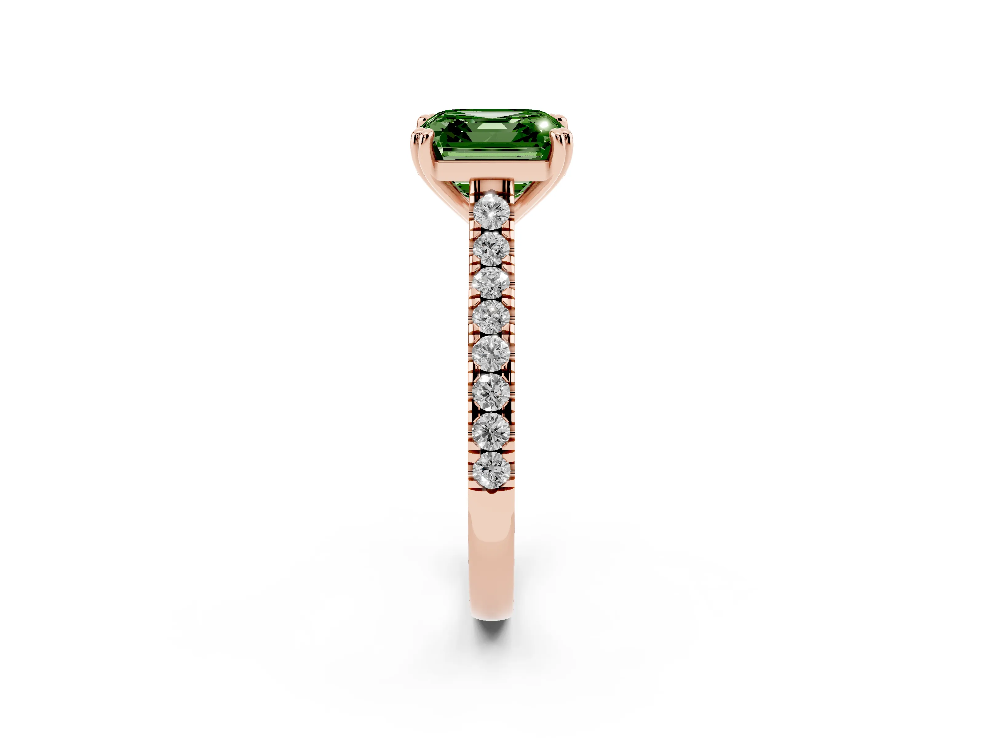 Fancy Green Asscher Cut Diamond Solitaire Engagement Ring Set in Rose gold with Pavé Accents and Prong Setting