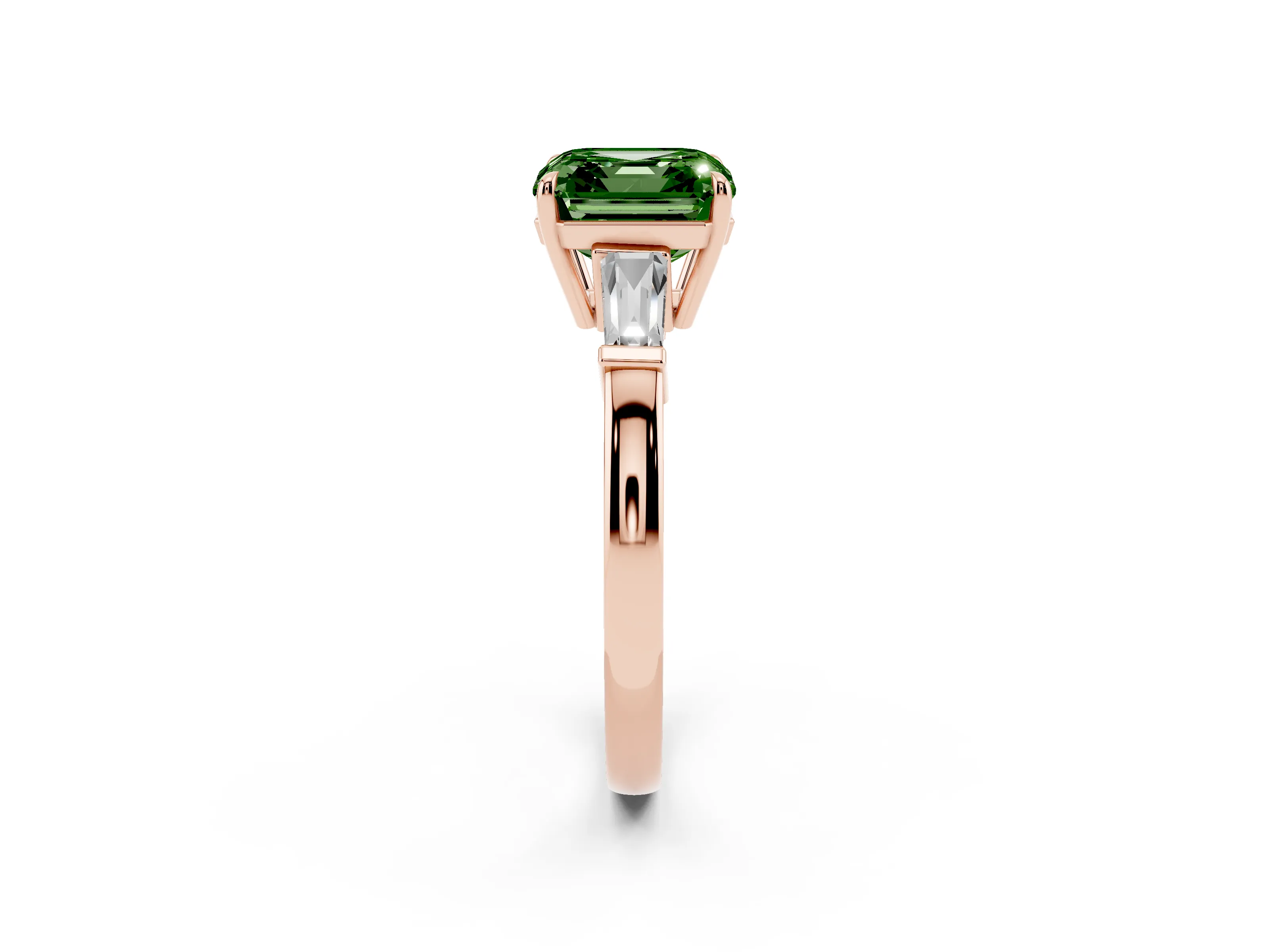 Fancy Green Asscher Cut Diamond Three-Stone Ring Set in Rose gold with Tapered Baguette Side Stones and Prong Setting