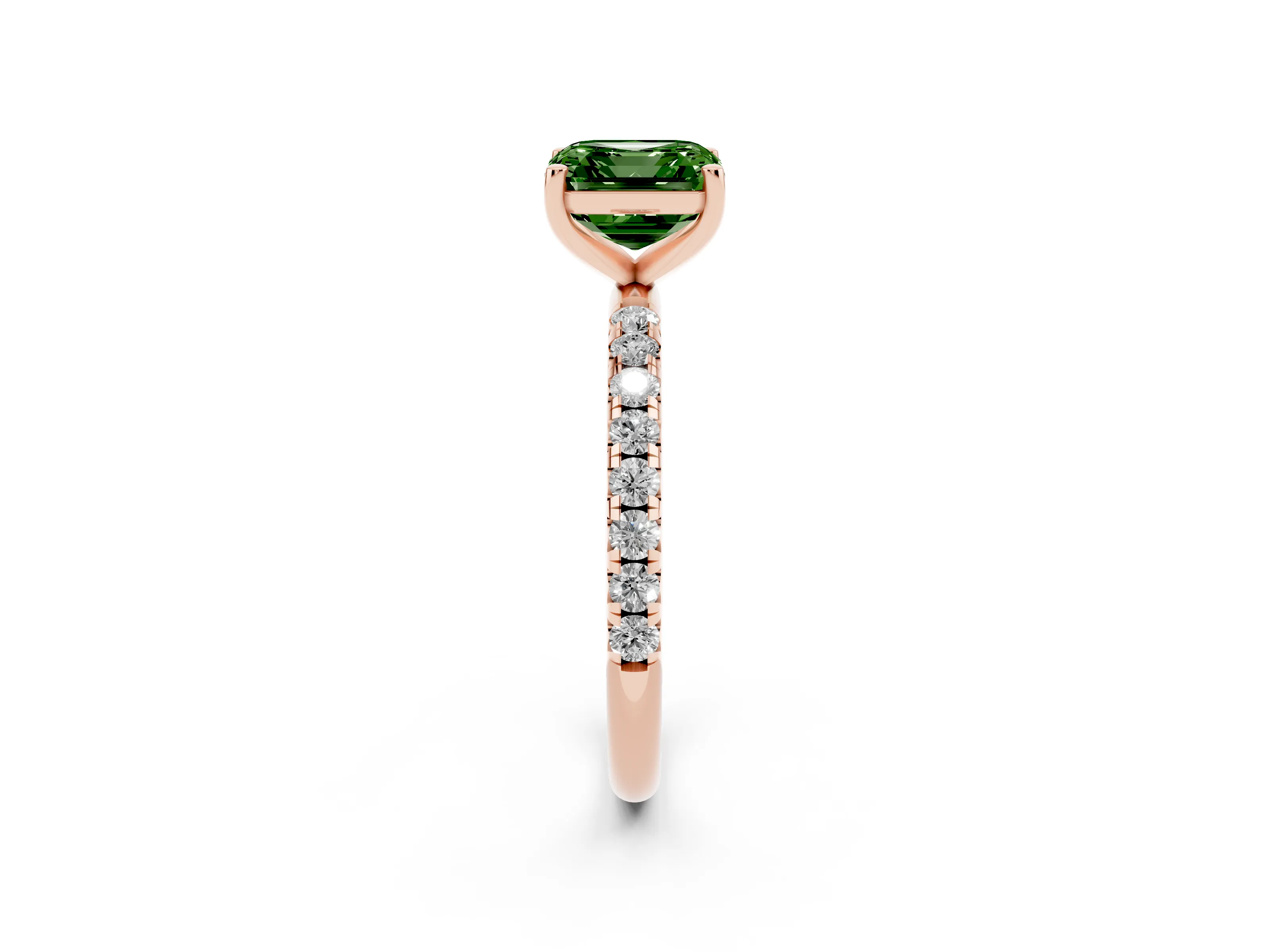Fancy Green Asscher Cut Diamond Solitaire Ring Set in Rose gold with Micro Pavé Band and Prong Setting