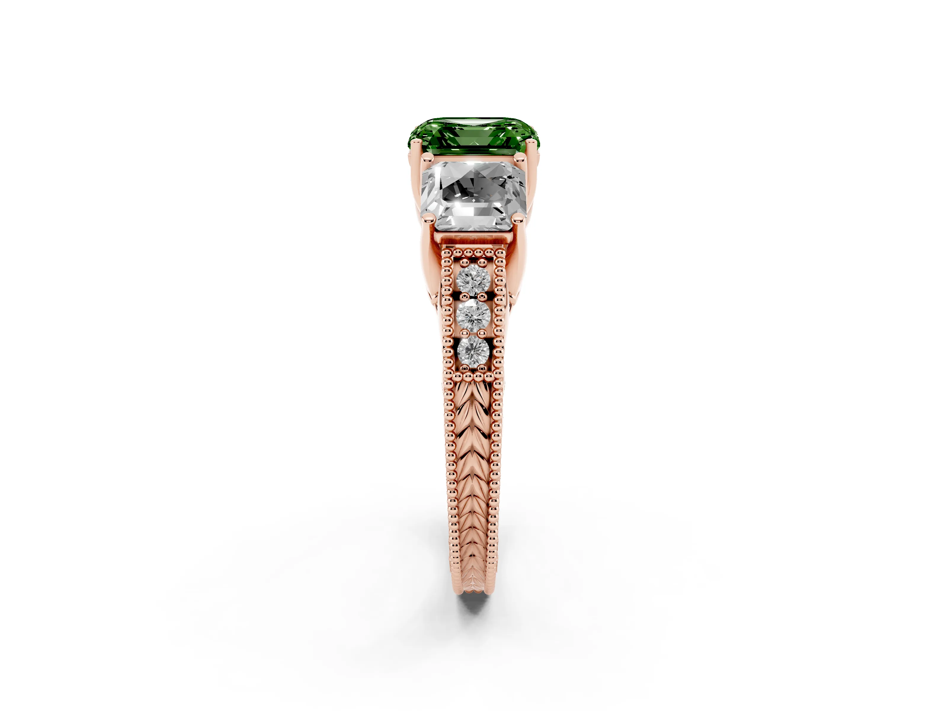 Fancy Green Asscher Cut Diamond Three-Stone Engagement Ring Set in Rose gold with Milgrain Pavé Band