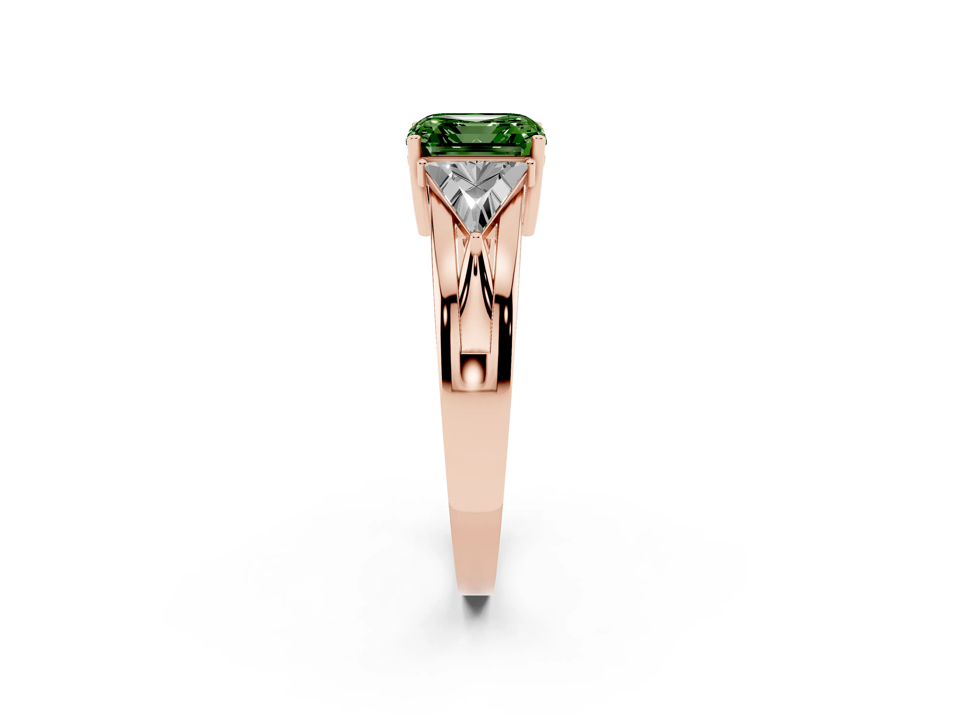Fancy Green Asscher Cut Diamond Three-Stone Ring Set in Rose gold with Trillion Side Stones and Split Shank