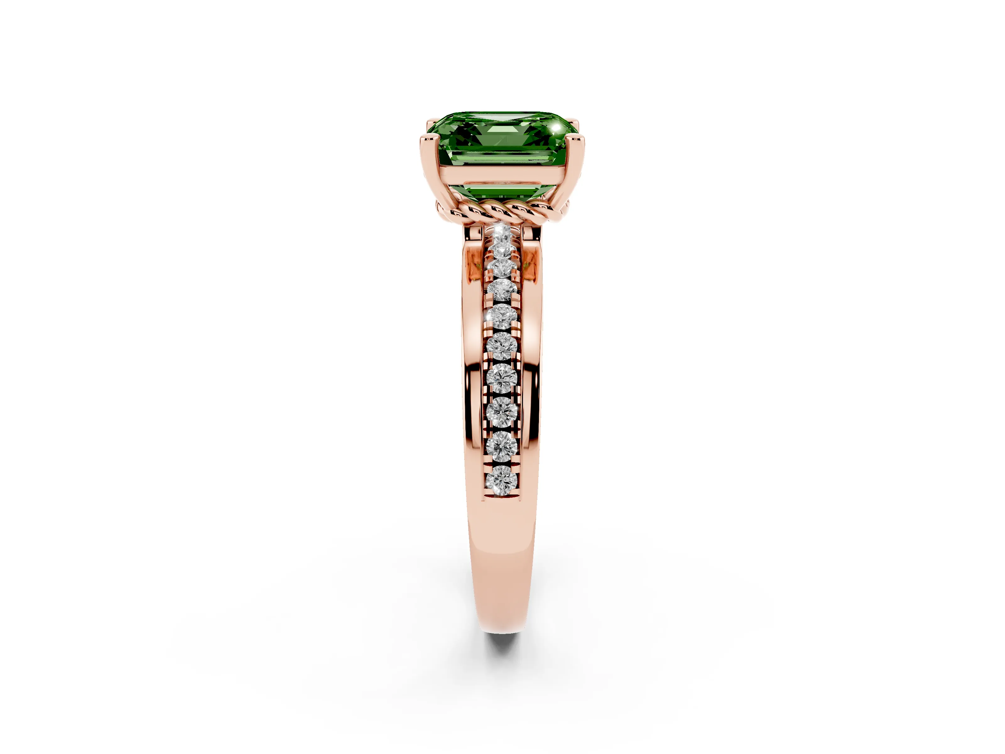 Fancy Green Asscher Cut Diamond Solitaire Ring Set in Rose gold with Channel Set Band and Prong Setting