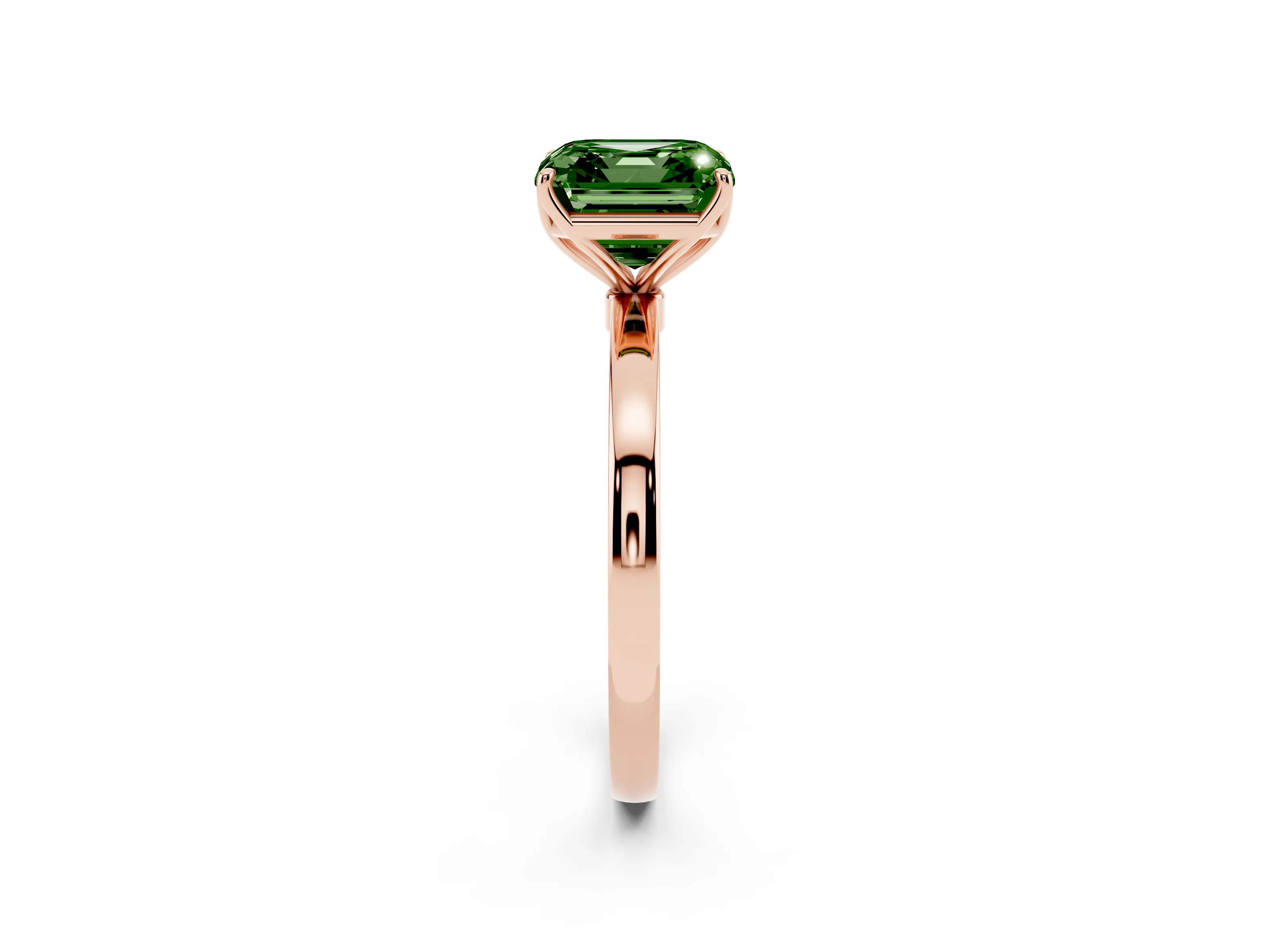 Fancy Green Asscher Cut Diamond Solitaire Ring Set in Rose gold with Prong Setting and Thin Polished Band