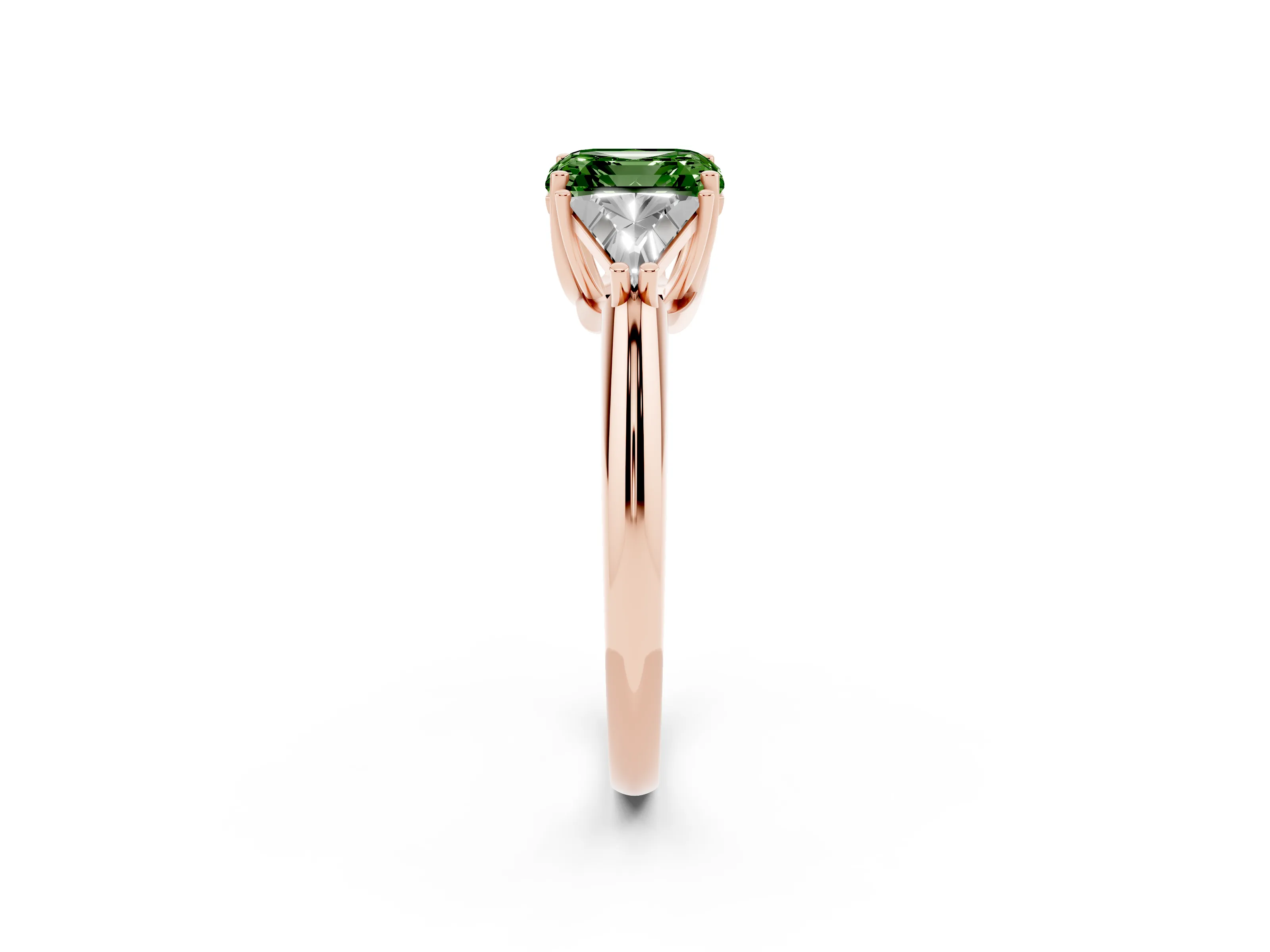 Fancy Green Asscher Cut Diamond Three-Stone Engagement Ring Set in Rose gold with Trillion Side Stones