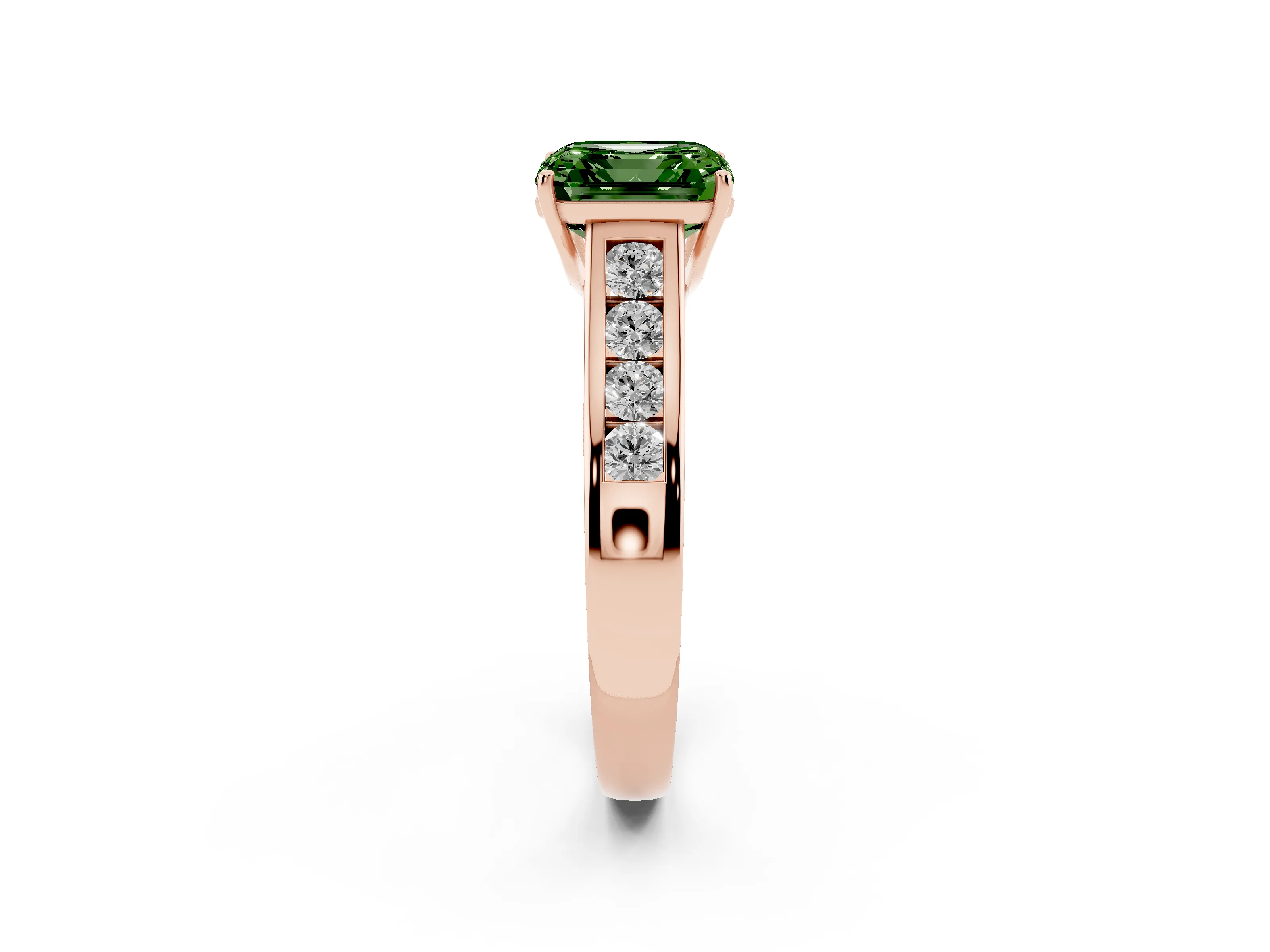 Fancy Green Asscher Cut Diamond Brilliant Channel-Set Solitaire Ring Set in Rose gold with Prong Setting