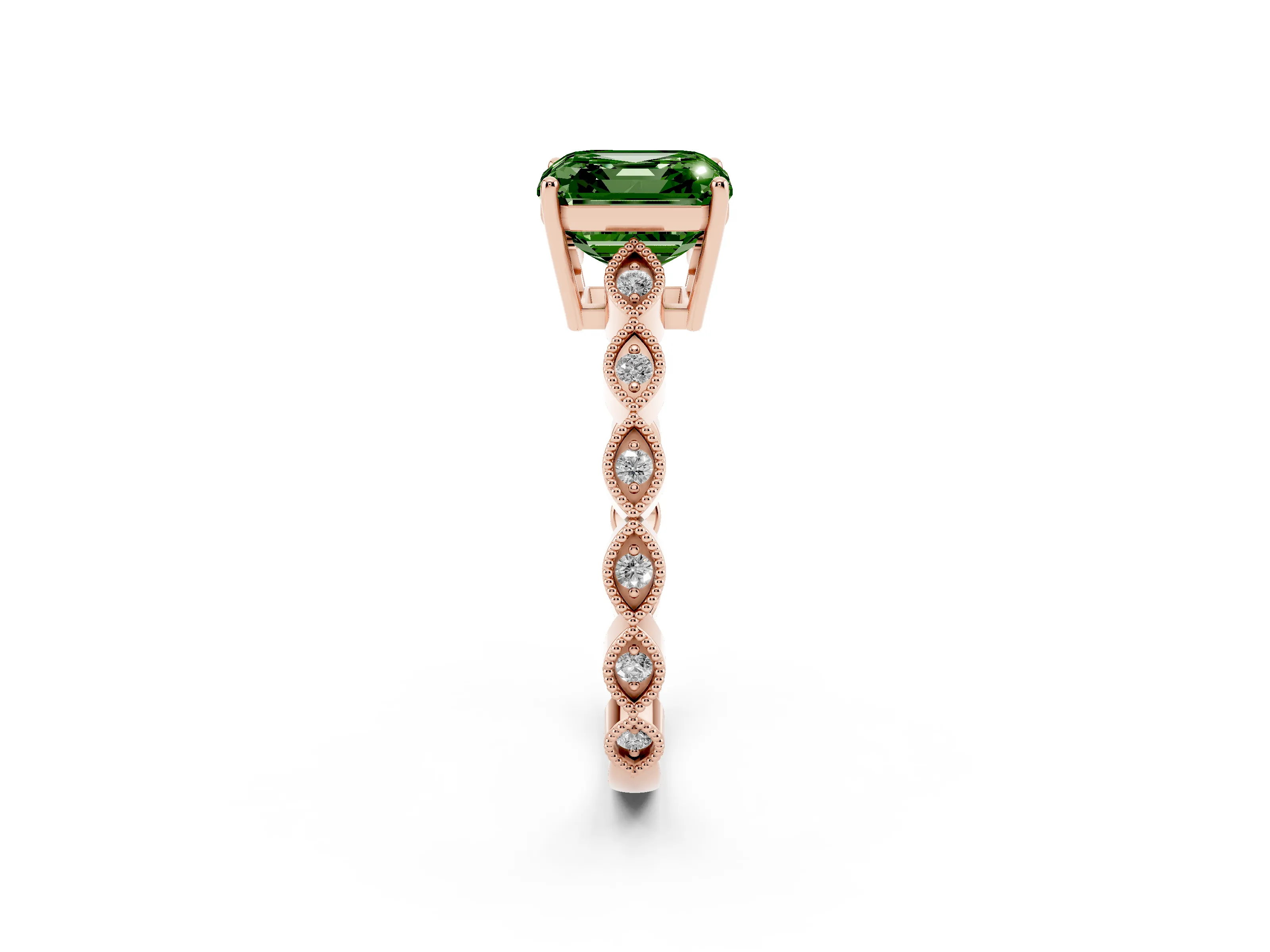 Fancy Green Asscher Cut Diamond Solitaire Ring Set in Rose gold with Infinity Twist Pavé Band