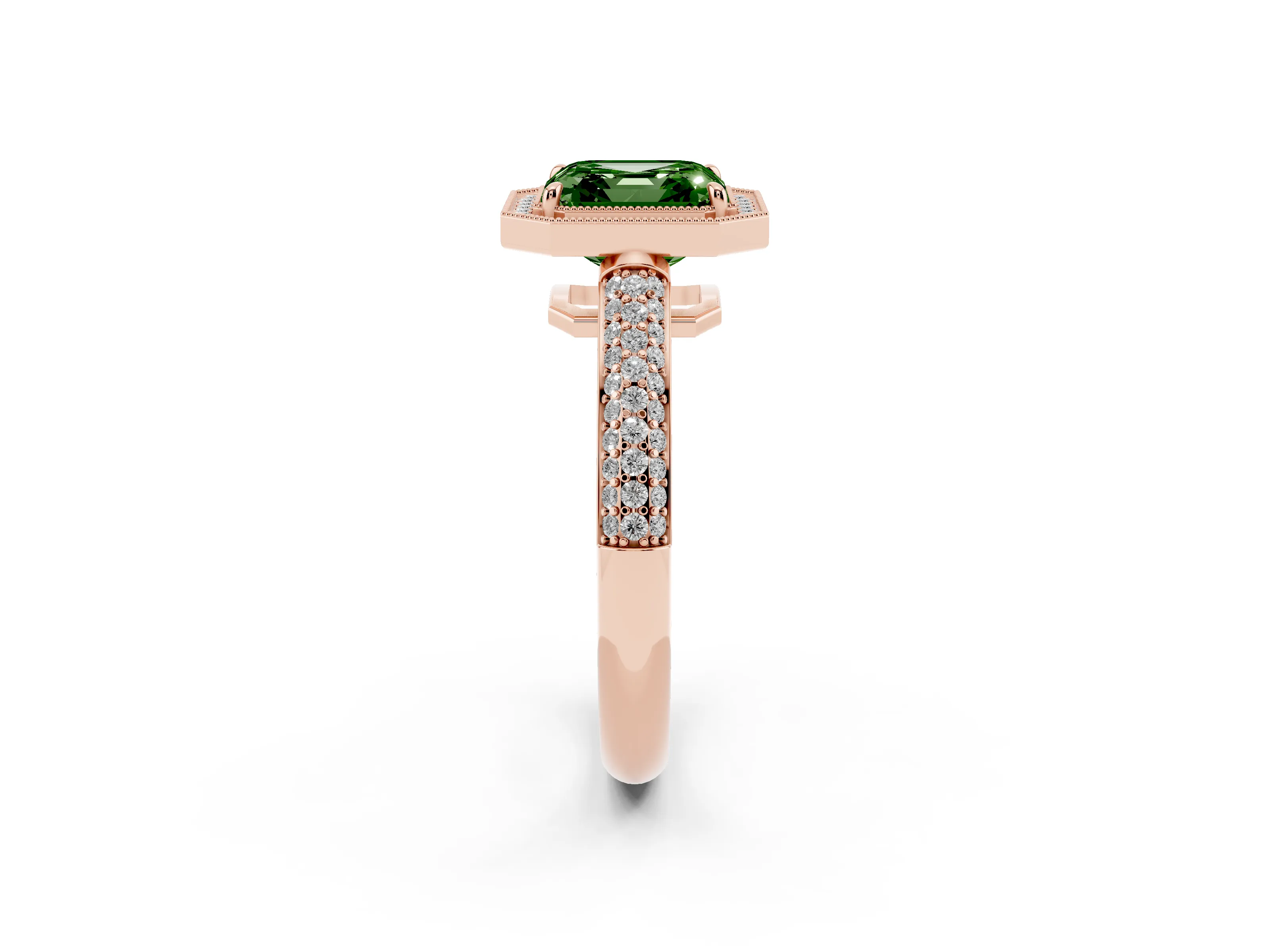 Fancy Green Asscher Cut Diamond Halo Pavé Band Set in Rose gold with Prong Setting