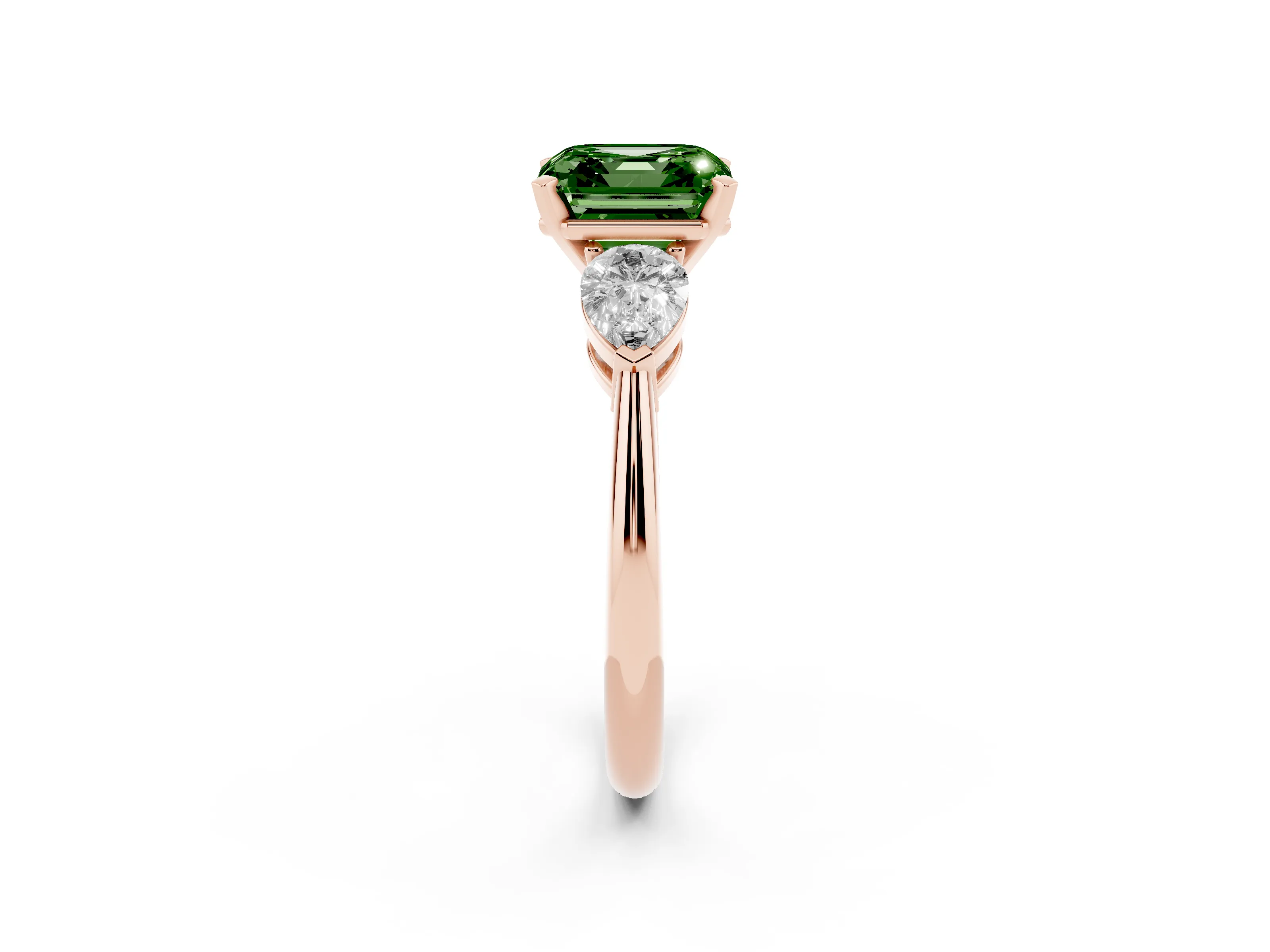 Fancy Green Three-Stone Asscher Cut Diamond Ring Set in Rose gold with Pear Side Stones and Prong Setting