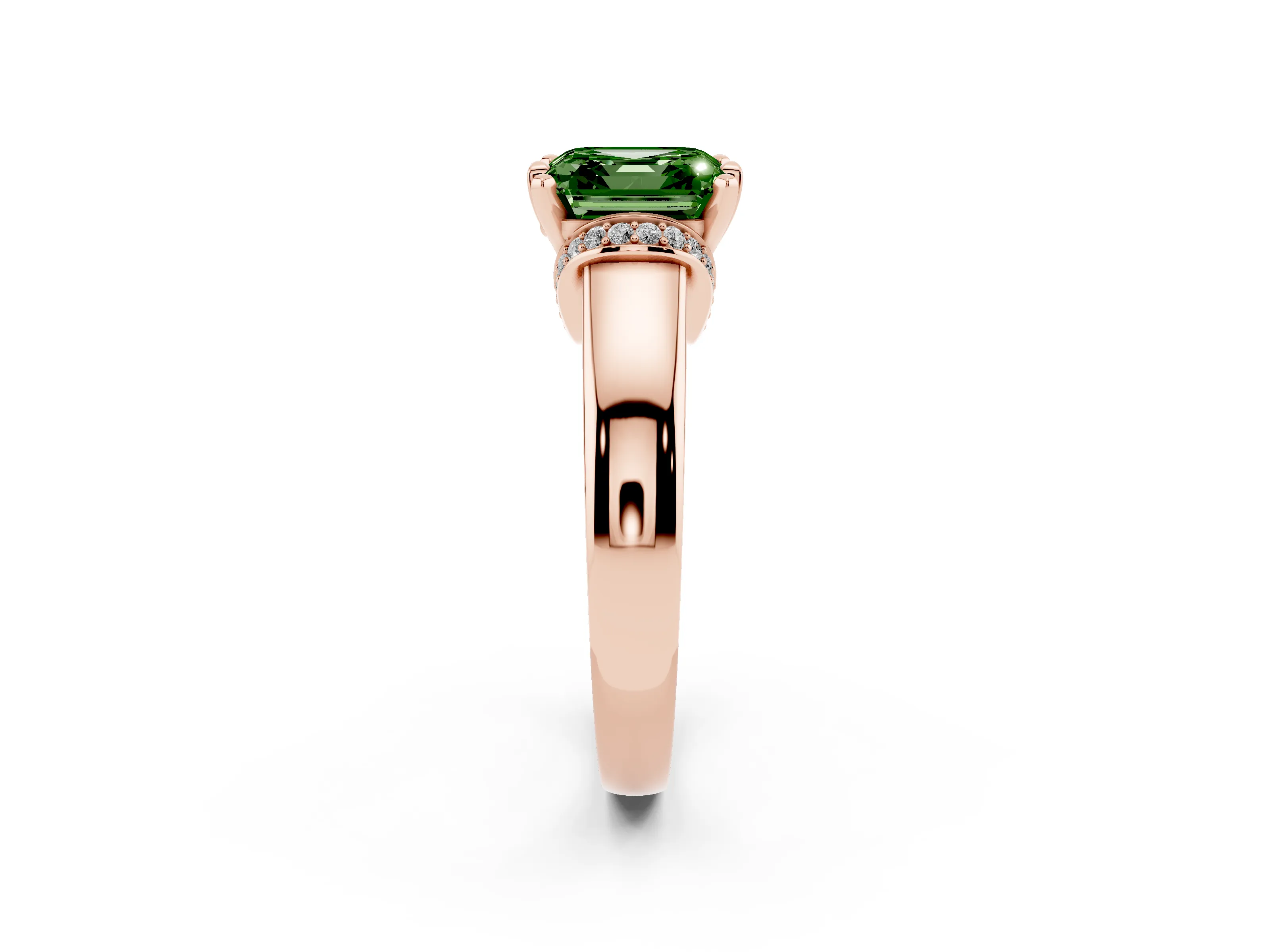 Fancy Green Asscher Cut Diamond Pavé Band Solitaire Ring Set in Rose gold with Prong Setting