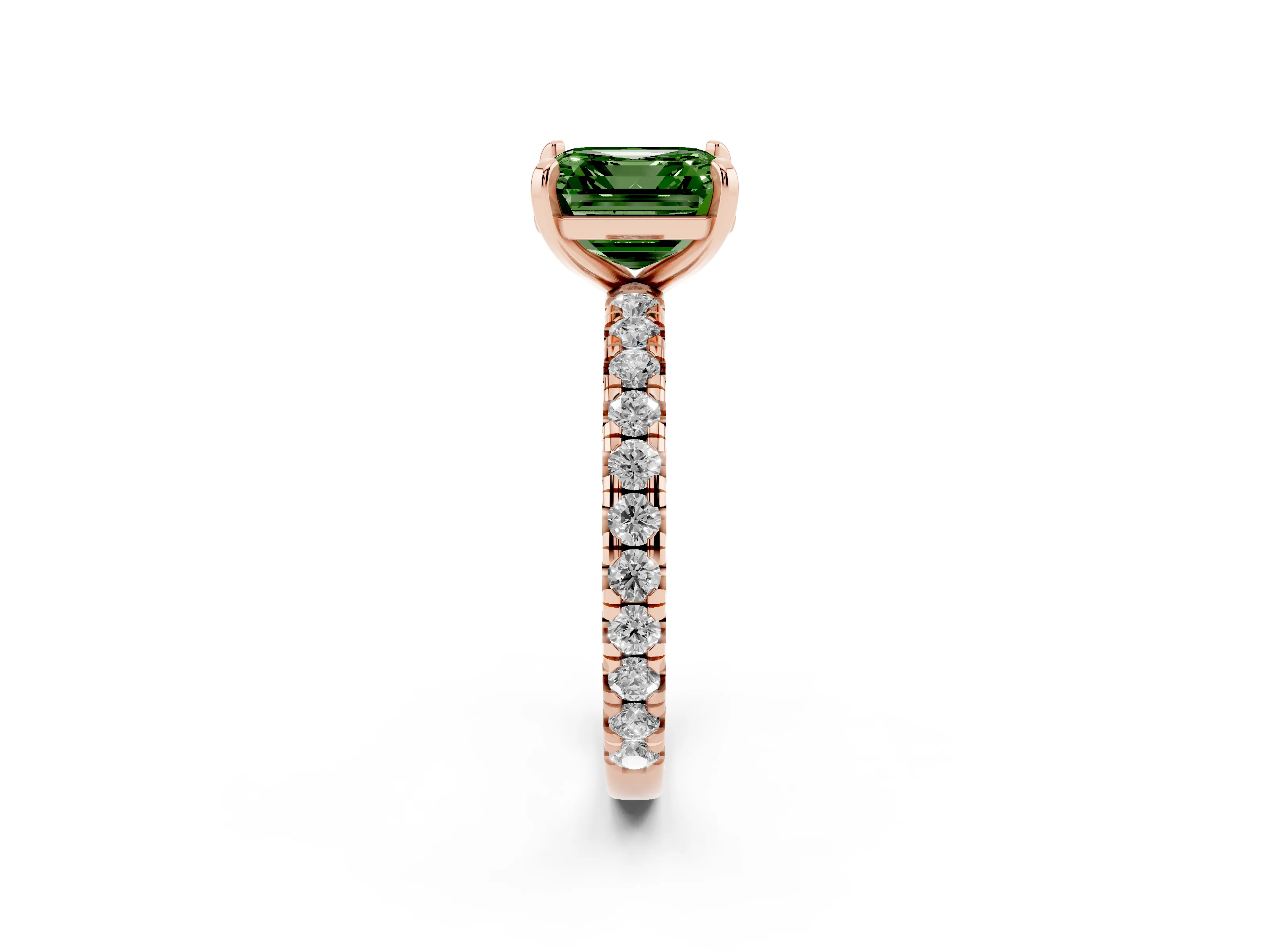 Fancy Green Asscher Cut Diamond Pavé Solitaire Ring Set in Rose gold with Round Band and Prong Setting