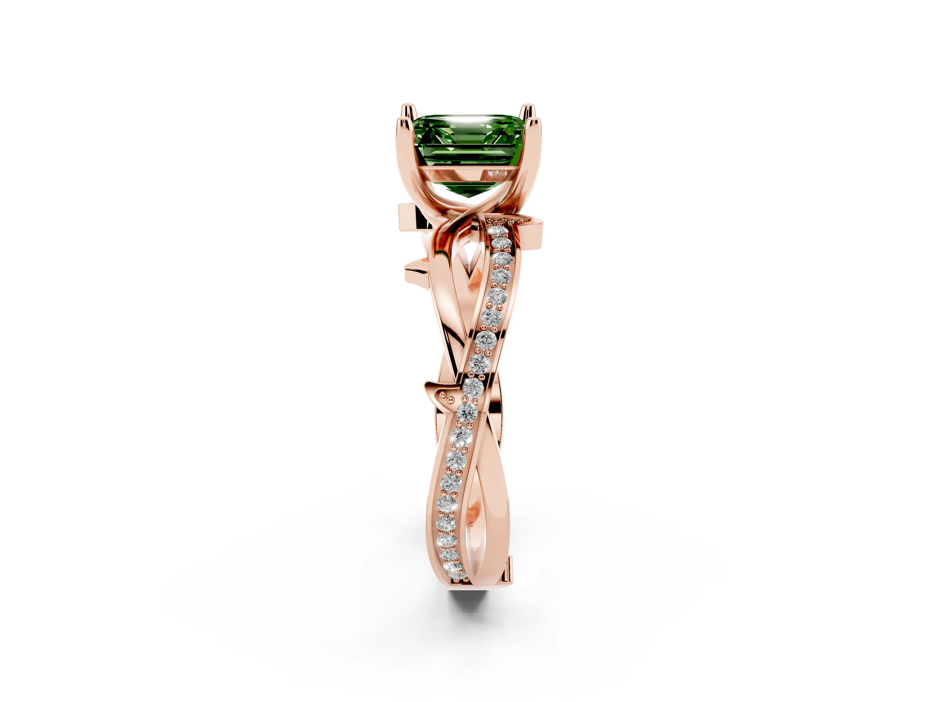 Fancy Green Asscher Cut Diamond Pavé Twist Band Solitaire Ring Set in Rose gold with Prong Setting