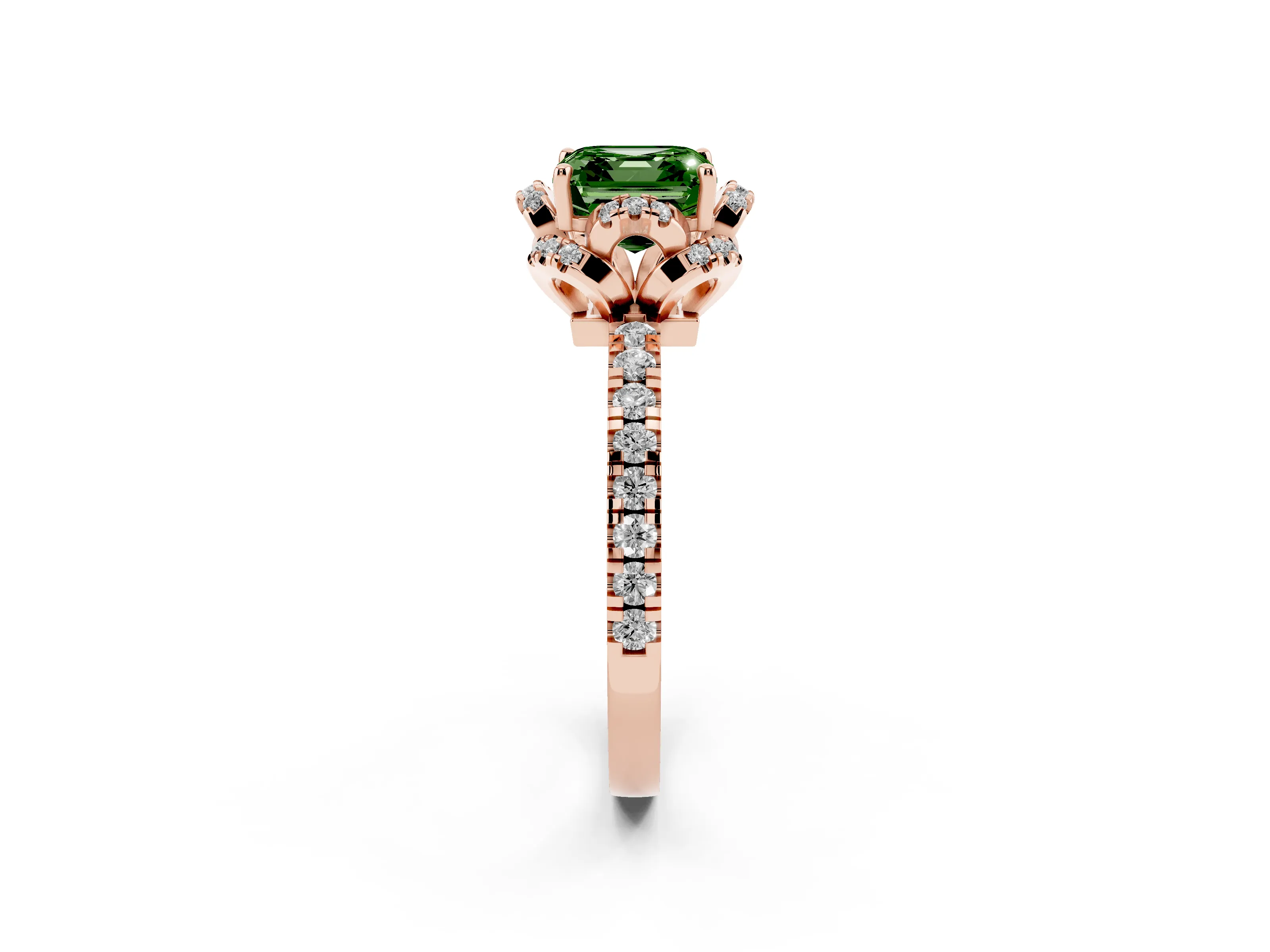 Fancy Green Asscher Cut Diamond Halo Pavé Ring Set in Rose gold with Prong-Held Center Stone