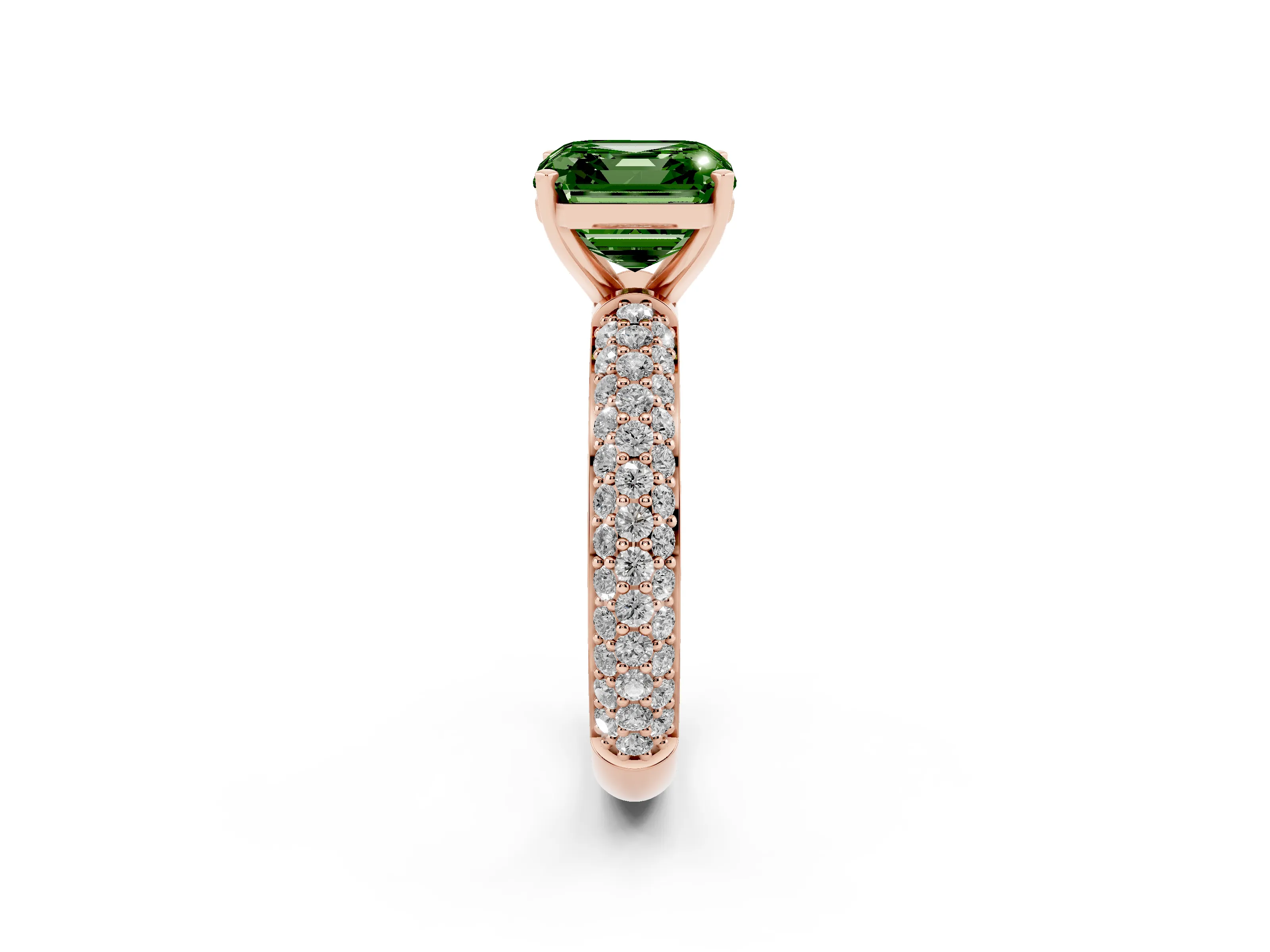 Fancy Green Asscher Cut Diamond Solitaire Ring Set in Rose gold with Prong Setting and Pavé-Set Band