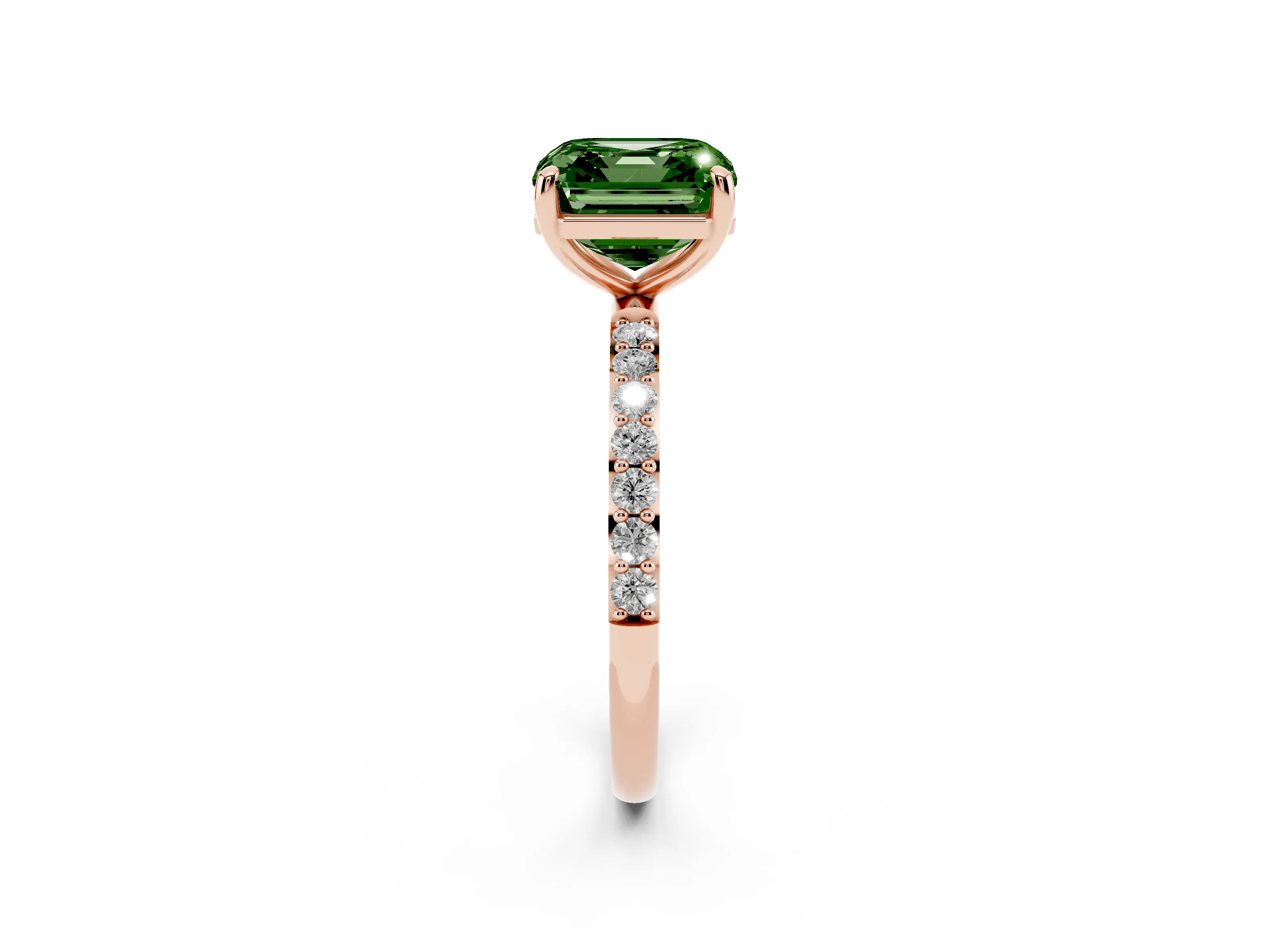 Fancy Green Asscher Cut Diamond Solitaire Ring Set in Rose gold with Round Pavé Band and Prong Setting