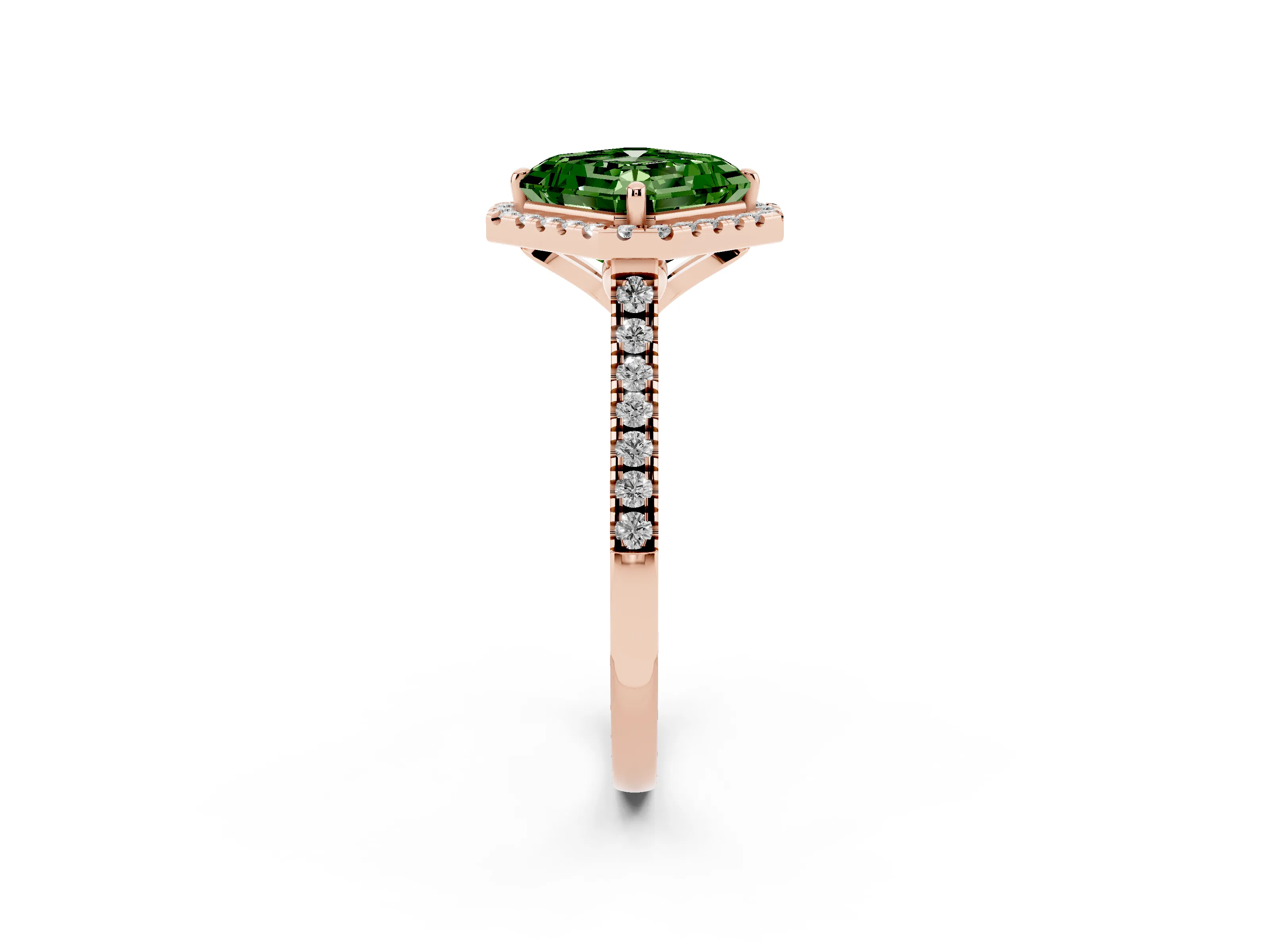 Fancy Green Asscher Cut Diamond Cushion Halo Ring Set in Rose gold with Pavé Band