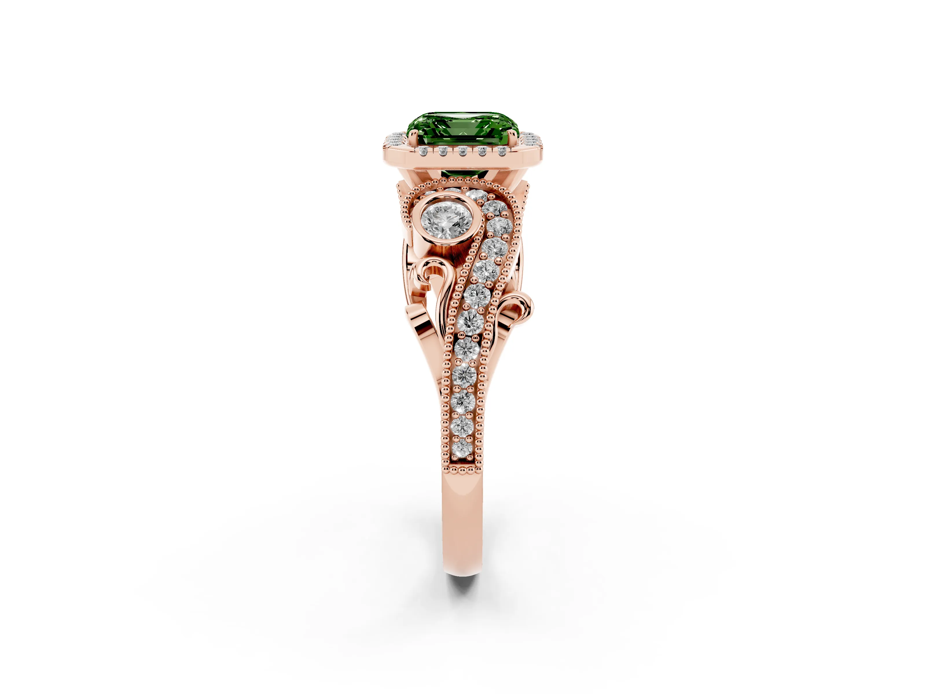 Fancy Green Asscher Cut Diamond Halo Ring Set in Rose gold with Milgrain Pavé Band and Prong Setting