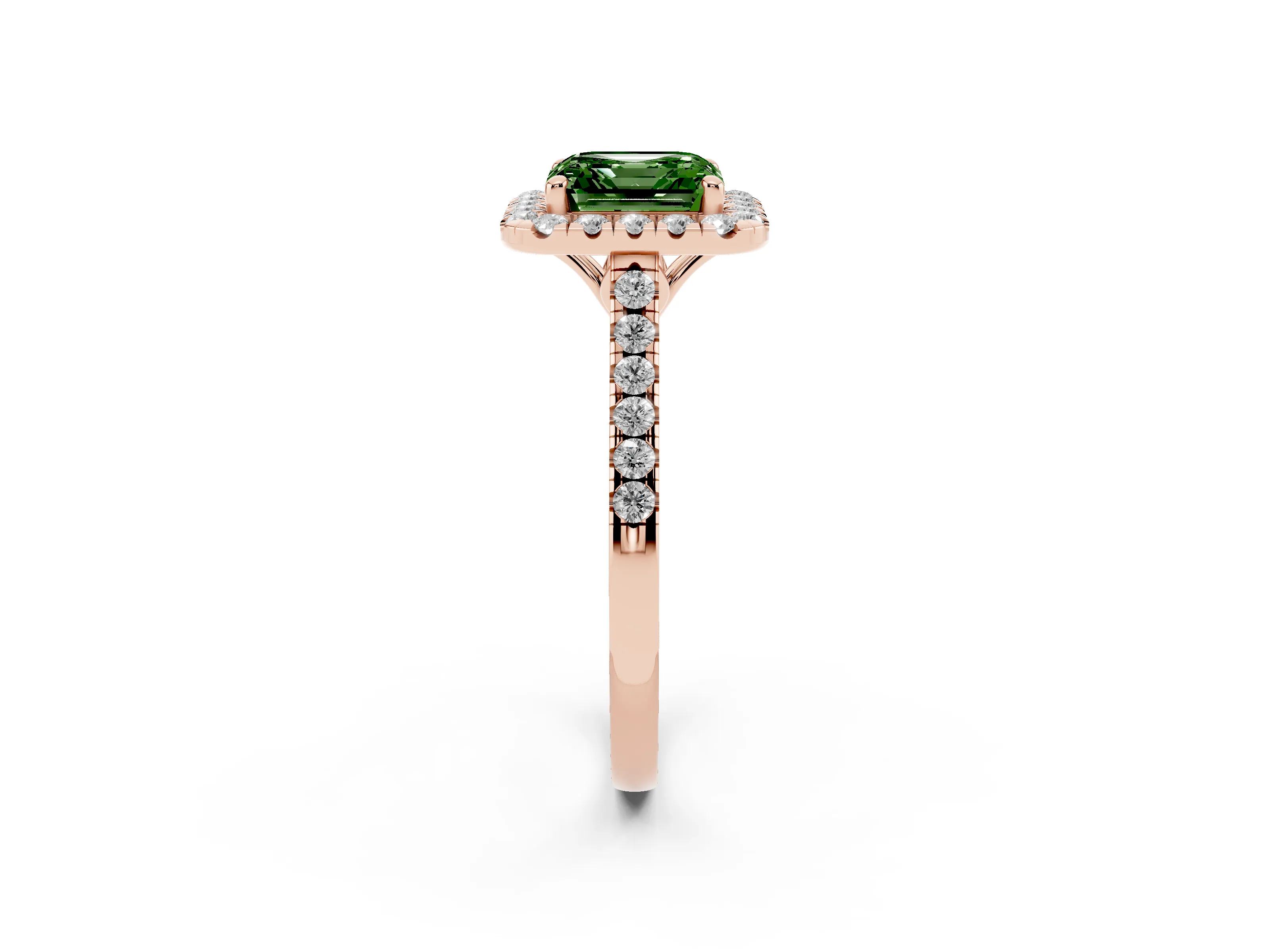 Fancy Green Asscher Cut Diamond Pavé Halo Engagement Ring Set in Rose gold with Pavé Band and Prong Setting