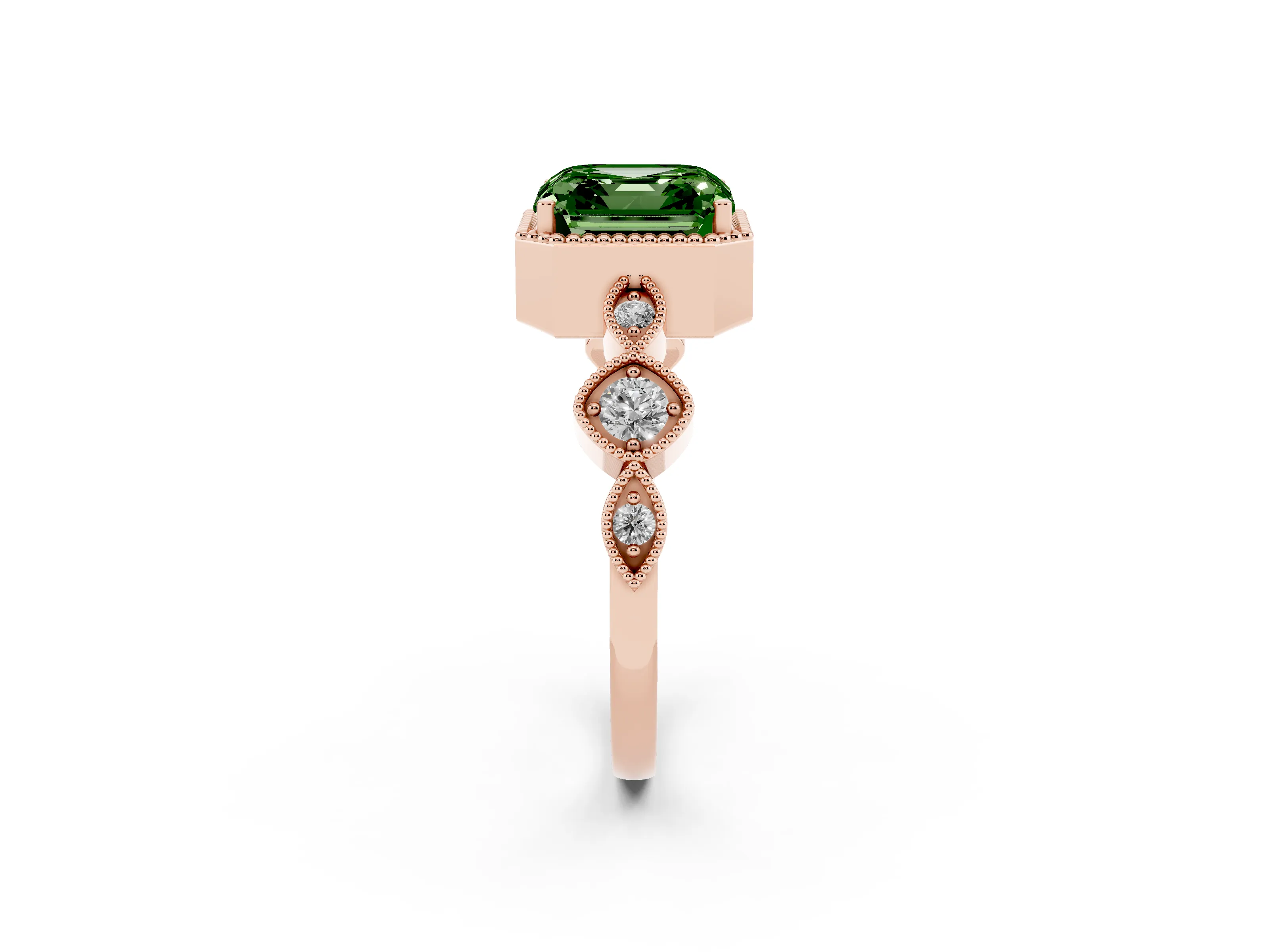 Fancy Green Asscher Cut Diamond Vintage-Inspired Milgrain Ring Set in Rose gold with Marquise Stations of Round Accents
