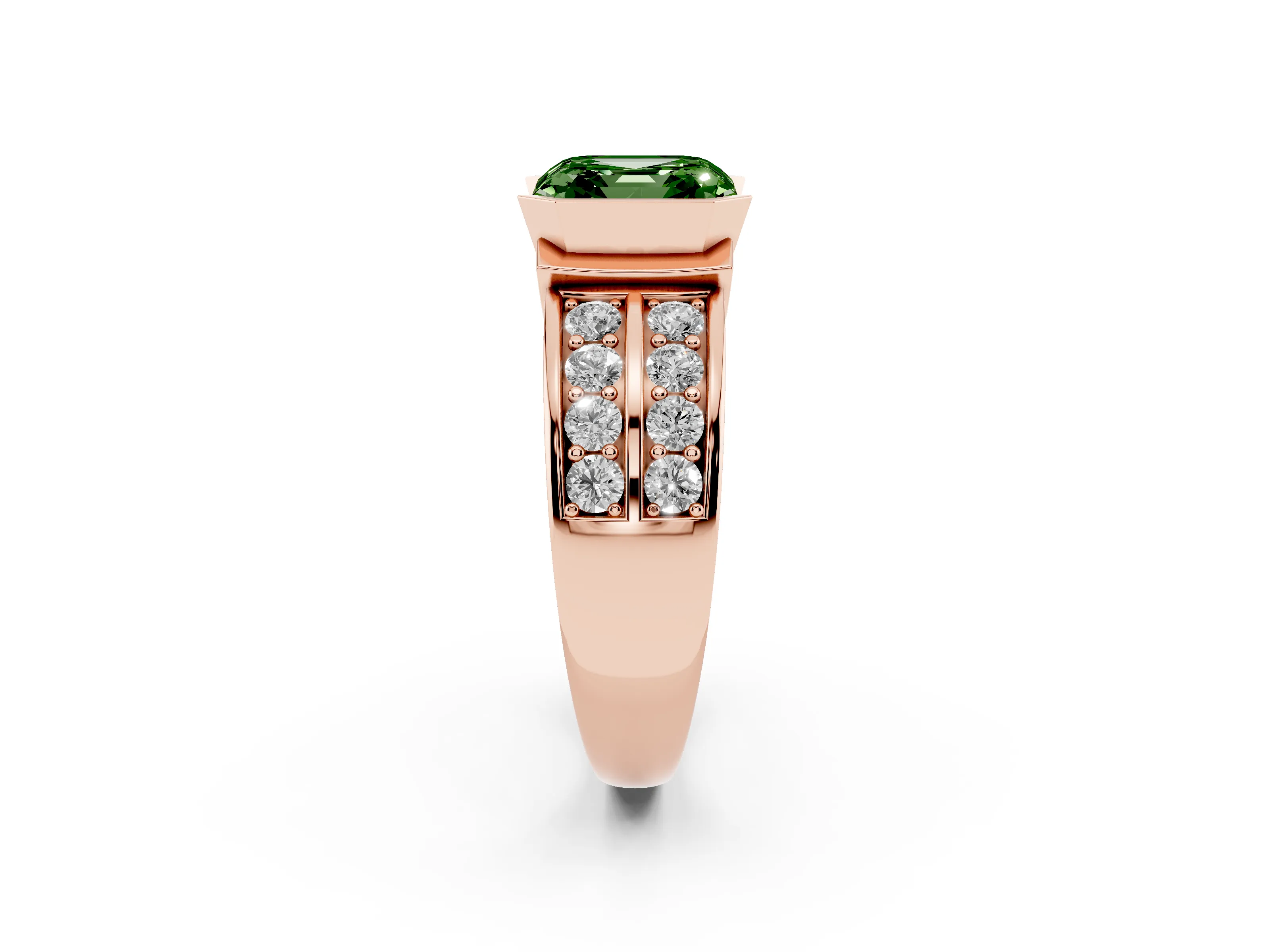 Fancy Green Asscher Cut Diamond Wide Channel Set Band Ring Set in Rose gold with Bezel Setting