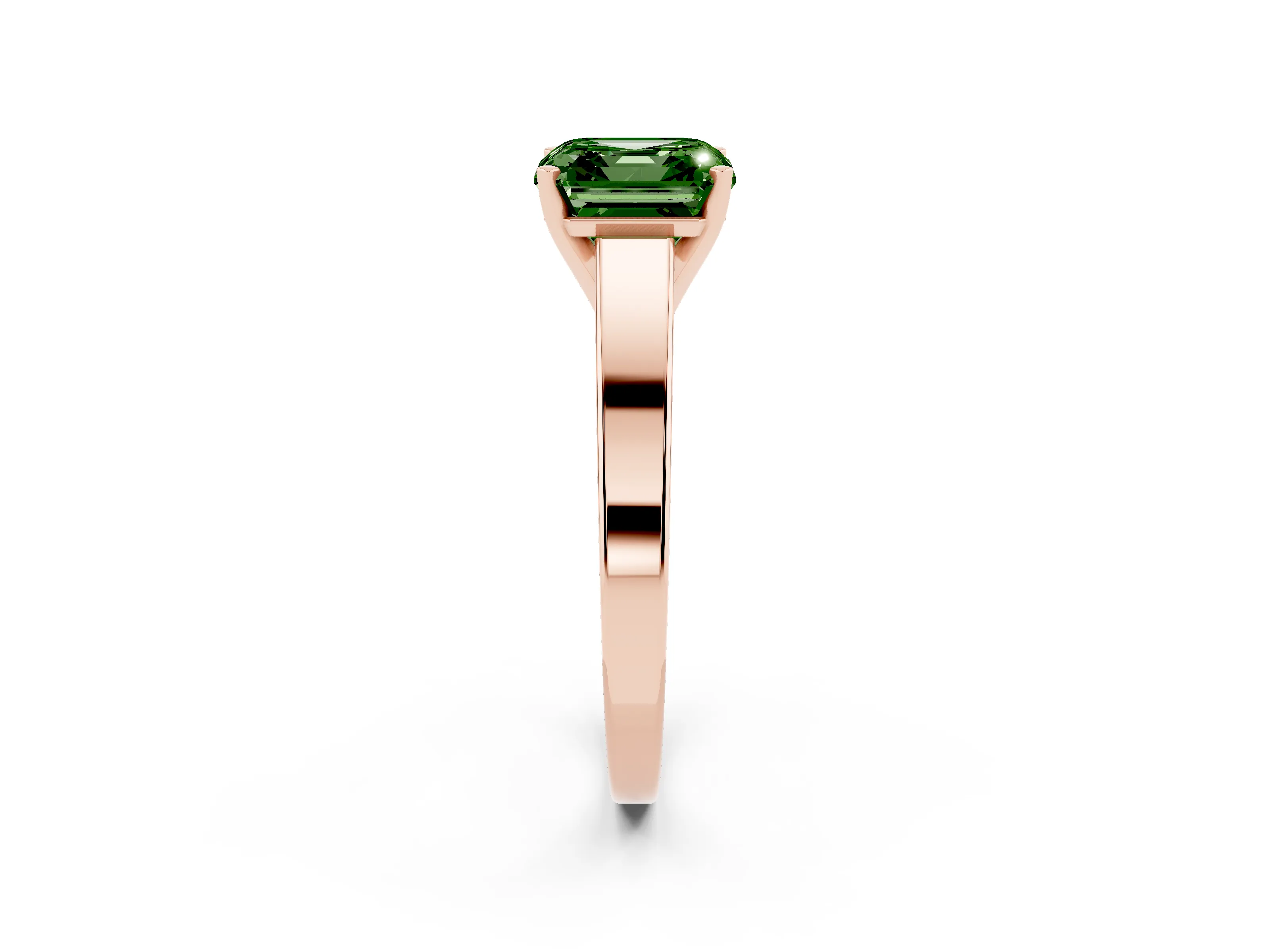 Fancy Green Asscher Cut Diamond Solitaire Engagement Ring Set in Rose gold with Prong Setting and Tapered Band