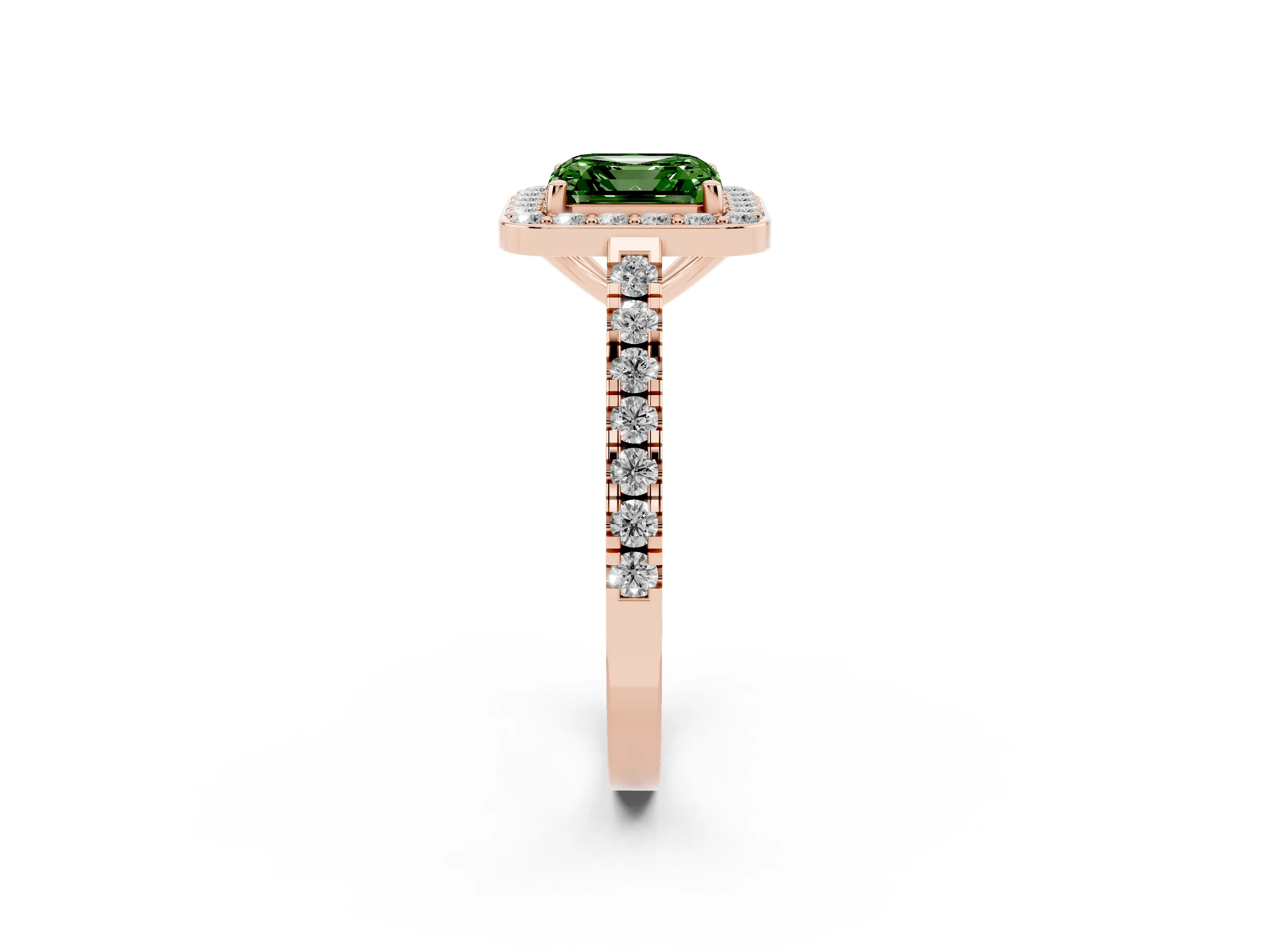 Fancy Green Asscher Cut Diamond Halo Ring Set in Rose gold with Round Pavé Split Shank and Prong Setting