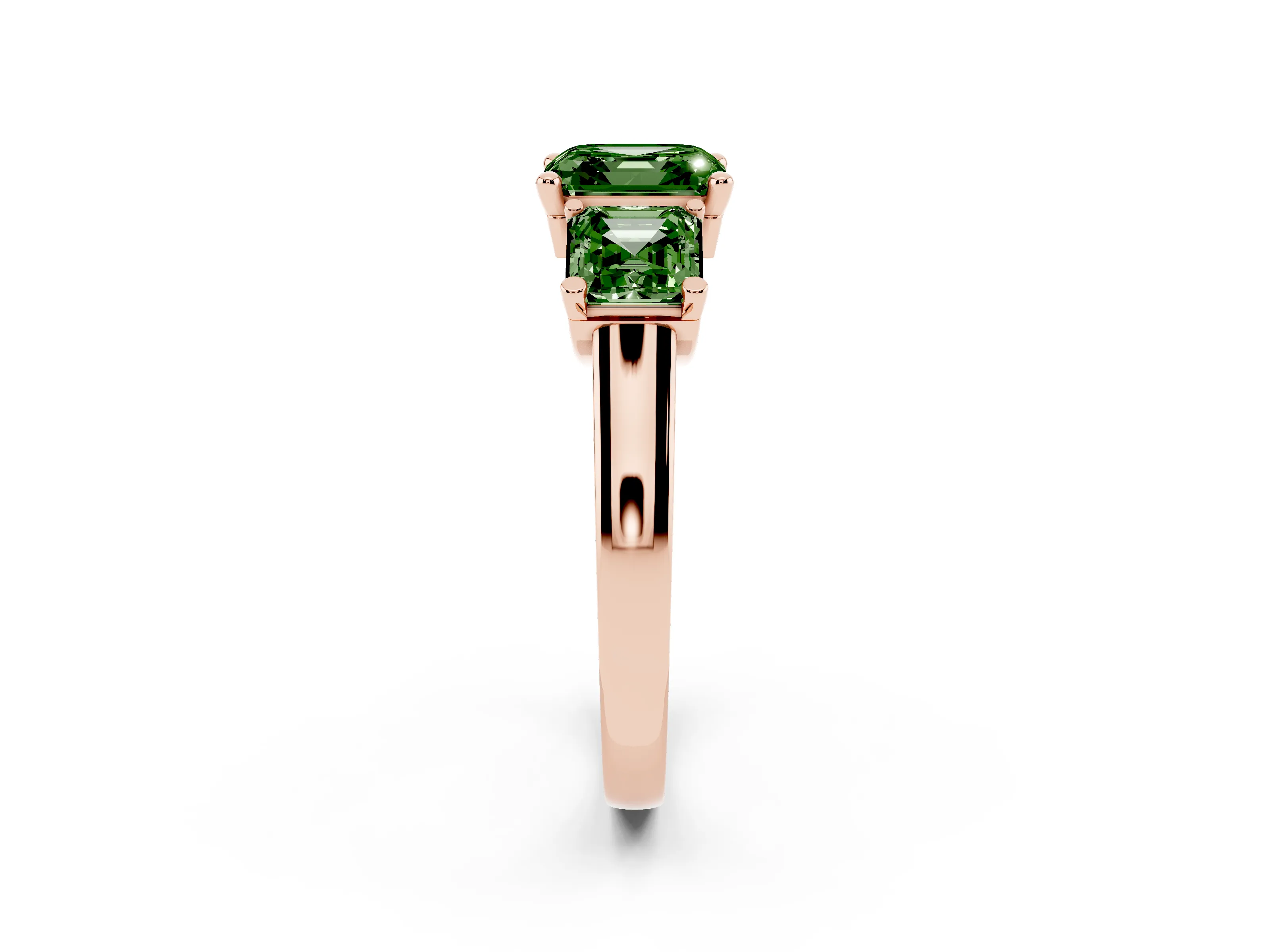 Fancy Green Asscher Cut Diamond Three-Stone Trellis Ring Set in Rose gold with Comfort Fit Band