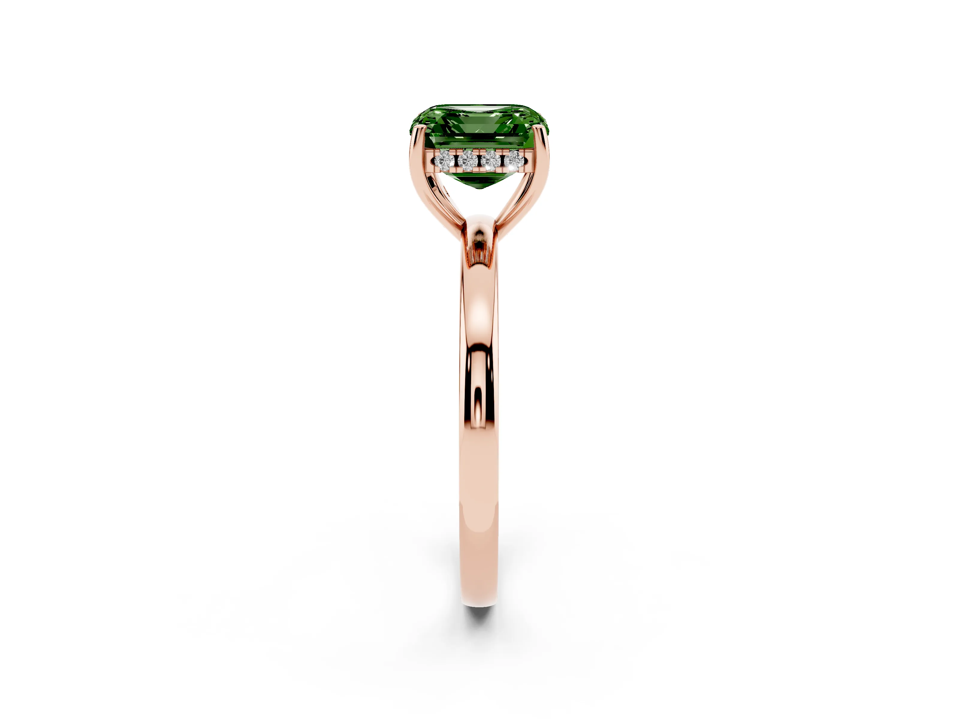 Fancy Green Asscher Cut Diamond Solitaire Ring Set in Rose gold with Plain Band and Prong Setting