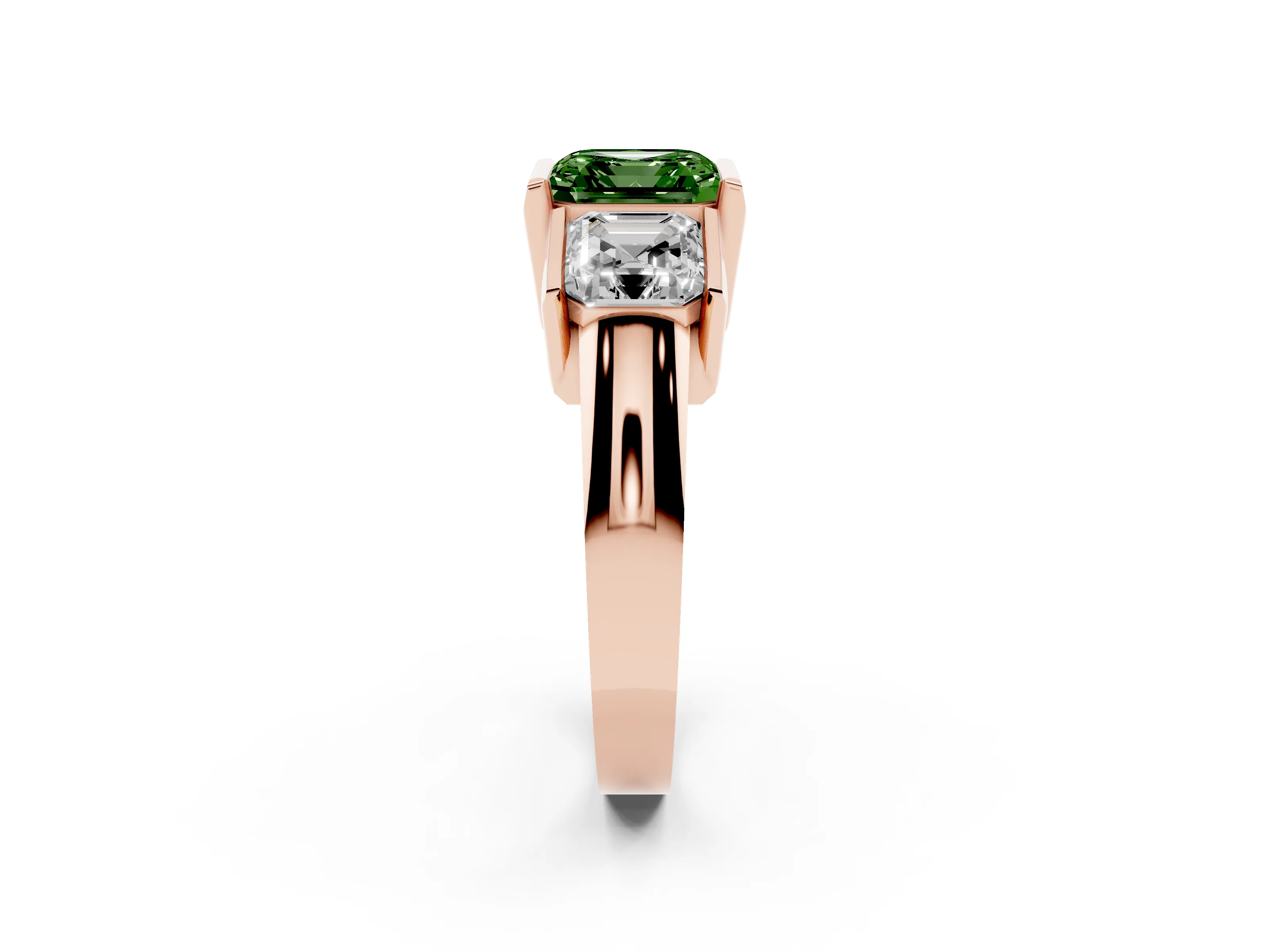 Fancy Green Asscher Cut Diamond Three-Stone Channel Set Ring Set in Rose gold with Smooth Polished Band