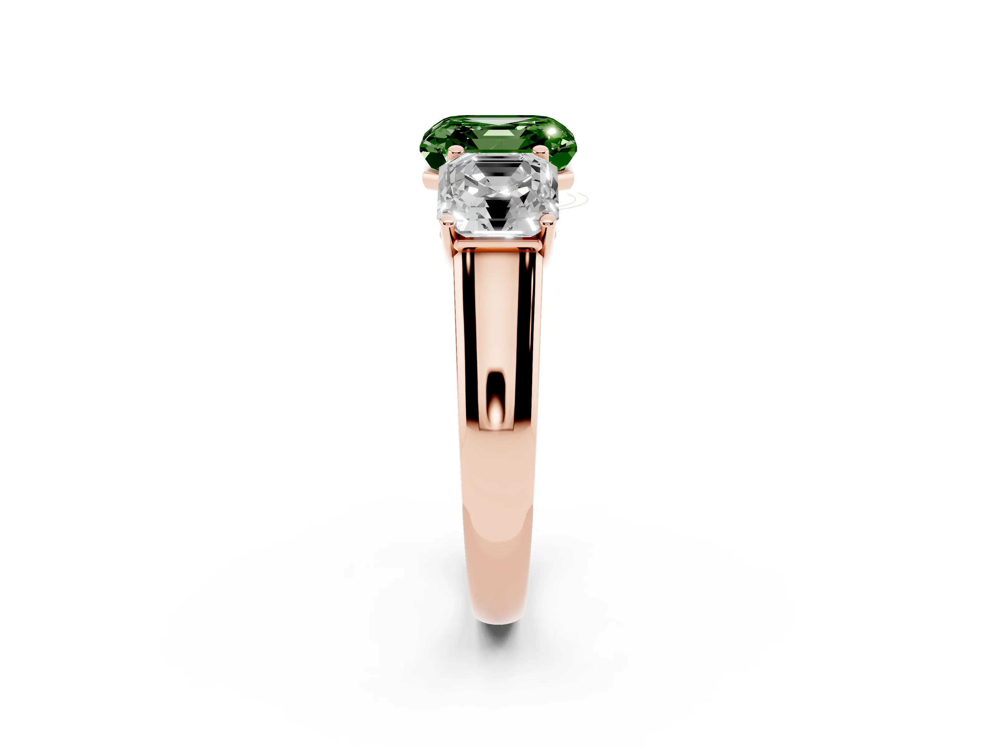 Fancy Green Asscher Cut Diamond Three-Stone Ring Set in Rose gold with Plain Polished Band